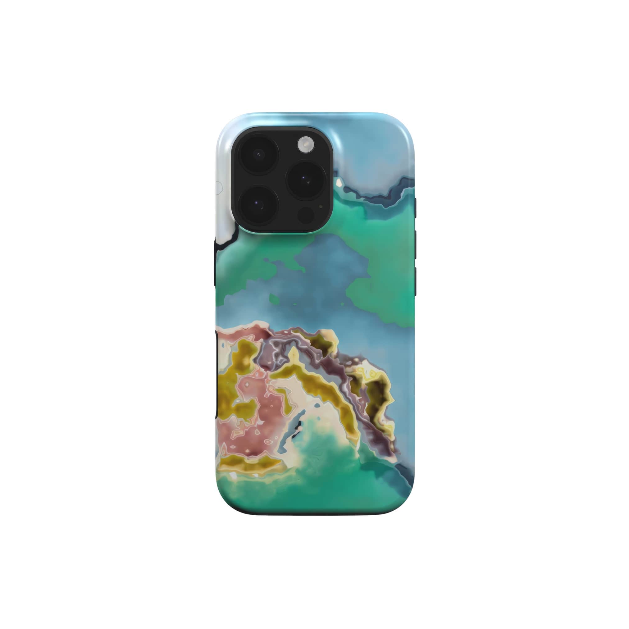 Tough phone case with a bold vivid pattern Oceans Breath 1 in marble abstract and artistic style, featuring an elegant and expressive aesthetic design. Main colors are blue and green. Front view.