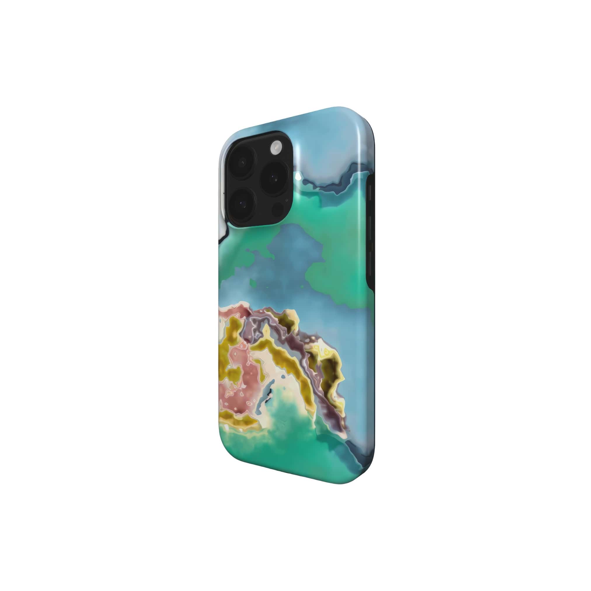 Tough phone case with a bold vivid pattern Oceans Breath 1 in marble abstract and artistic style, featuring an elegant and expressive aesthetic design. Main colors are blue and green. Side view.