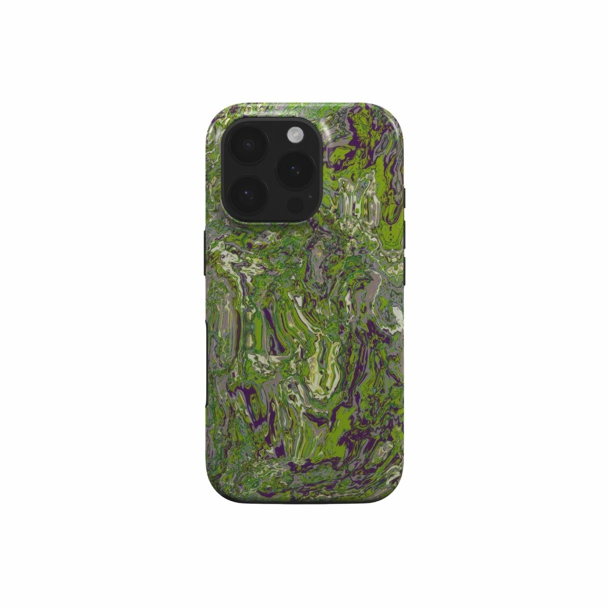 Tough phone case with a bold vivid pattern Olive Smash abstract and artistic style, featuring an elegant and expressive aesthetic design. Main colors are olive green and purple hues. Front view.