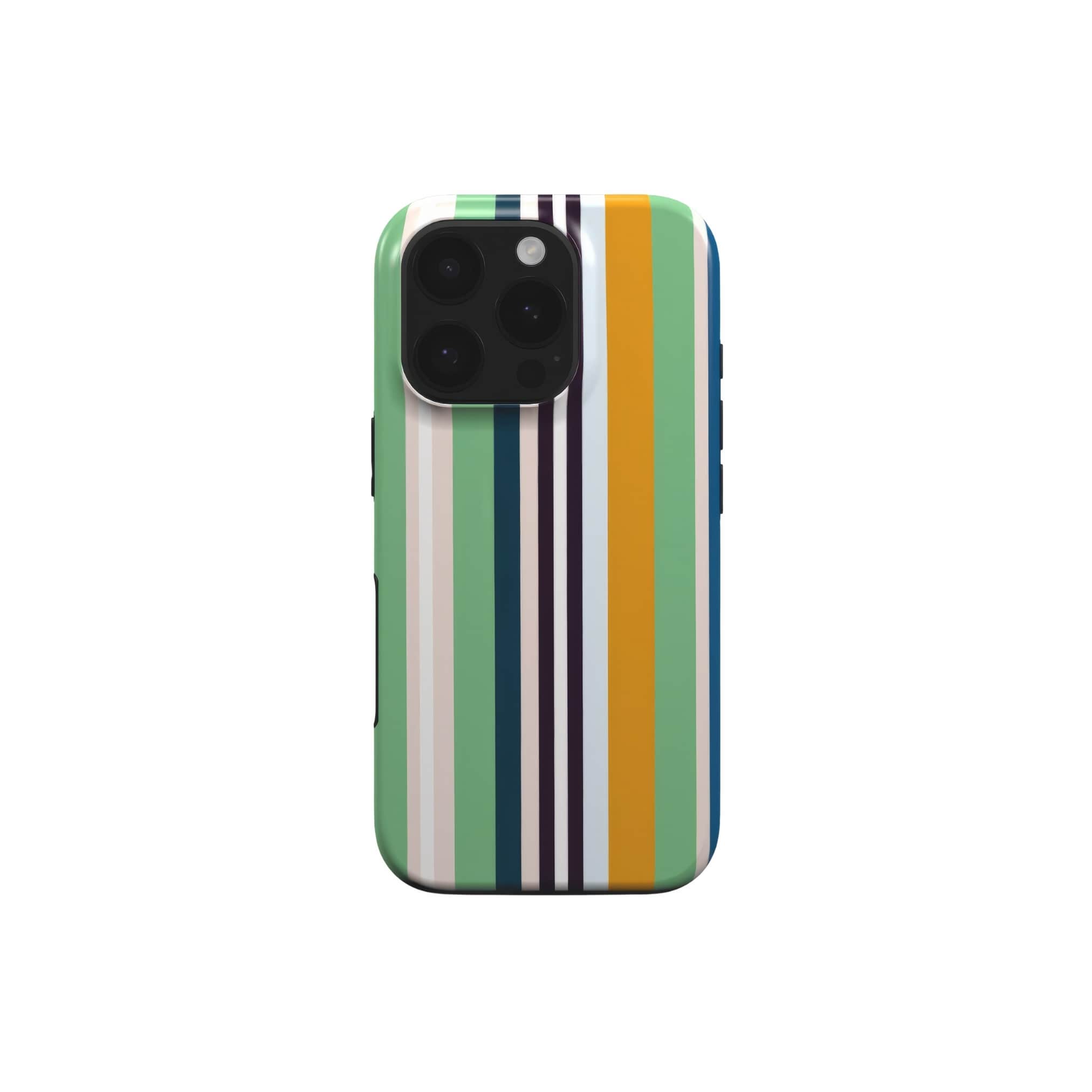 Tough phone case Parallel Flow 1 pattern with tiny color stripes, featuring an elegant and expressive aesthetic design. Main colors are minty sage, powder pink, navy blue, orange. Front view.