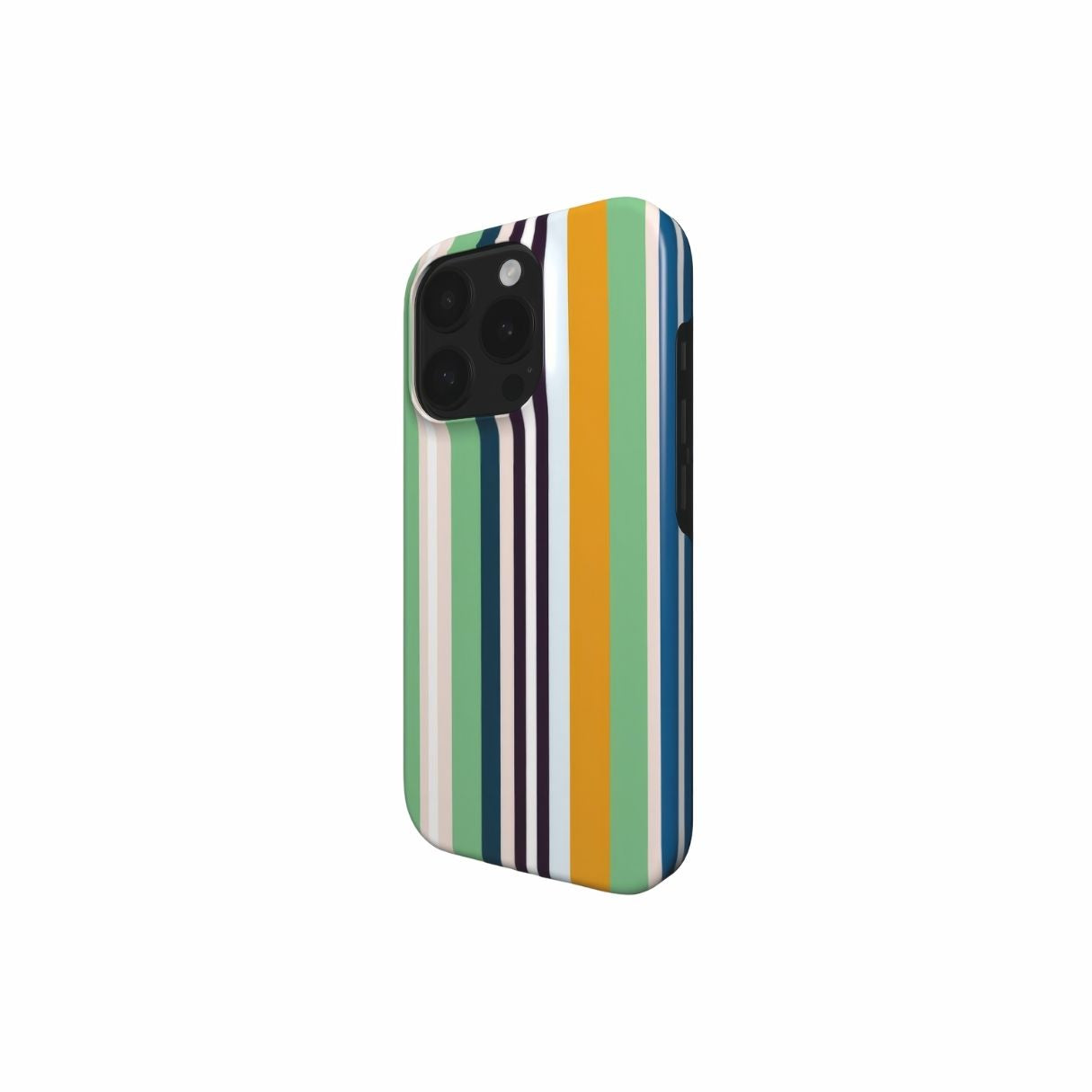 Tough phone case Parallel Flow Mint pattern with tiny color stripes, featuring an elegant and expressive aesthetic design. Main colors are minty sage, powder pink, navy blue, orange. Side view.