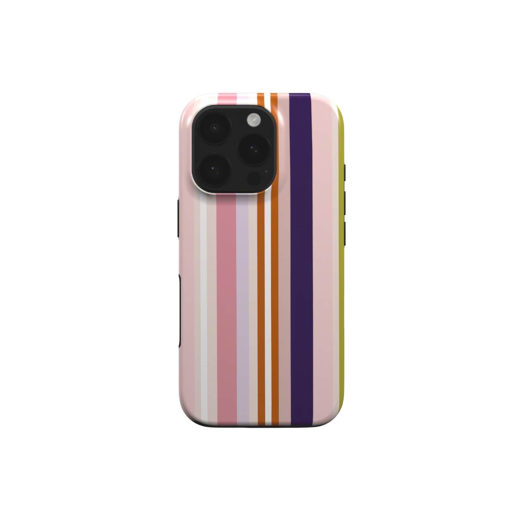 Tough phone case Parallel Flow Pink pattern with tiny color stripes, featuring an elegant and expressive aesthetic design. Main colors are pink, lilac and purple. Front view.