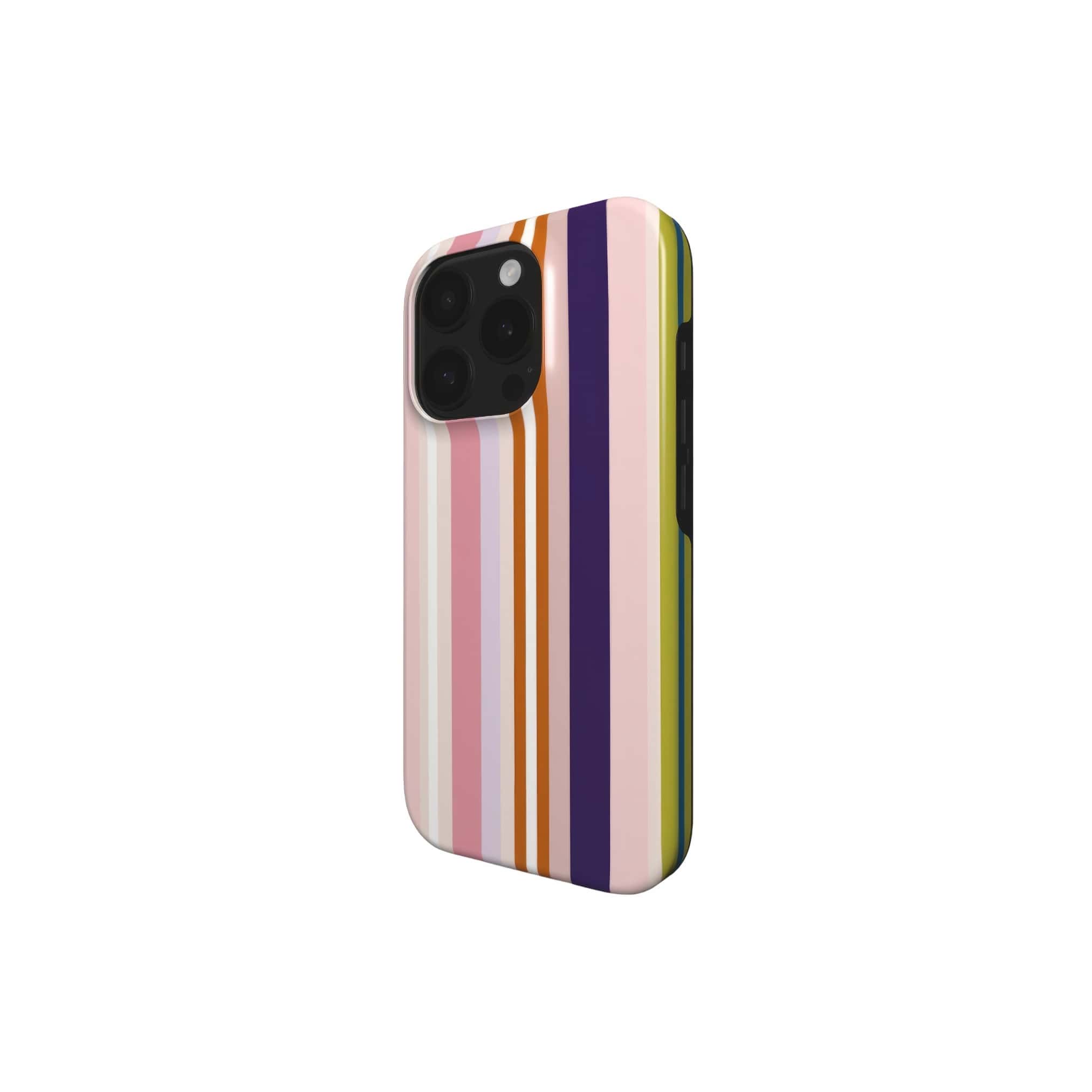 Tough phone case Parallel Flow Pink pattern with tiny color stripes, featuring an elegant and expressive aesthetic design. Main colors are pink, lilac and purple. Side view.