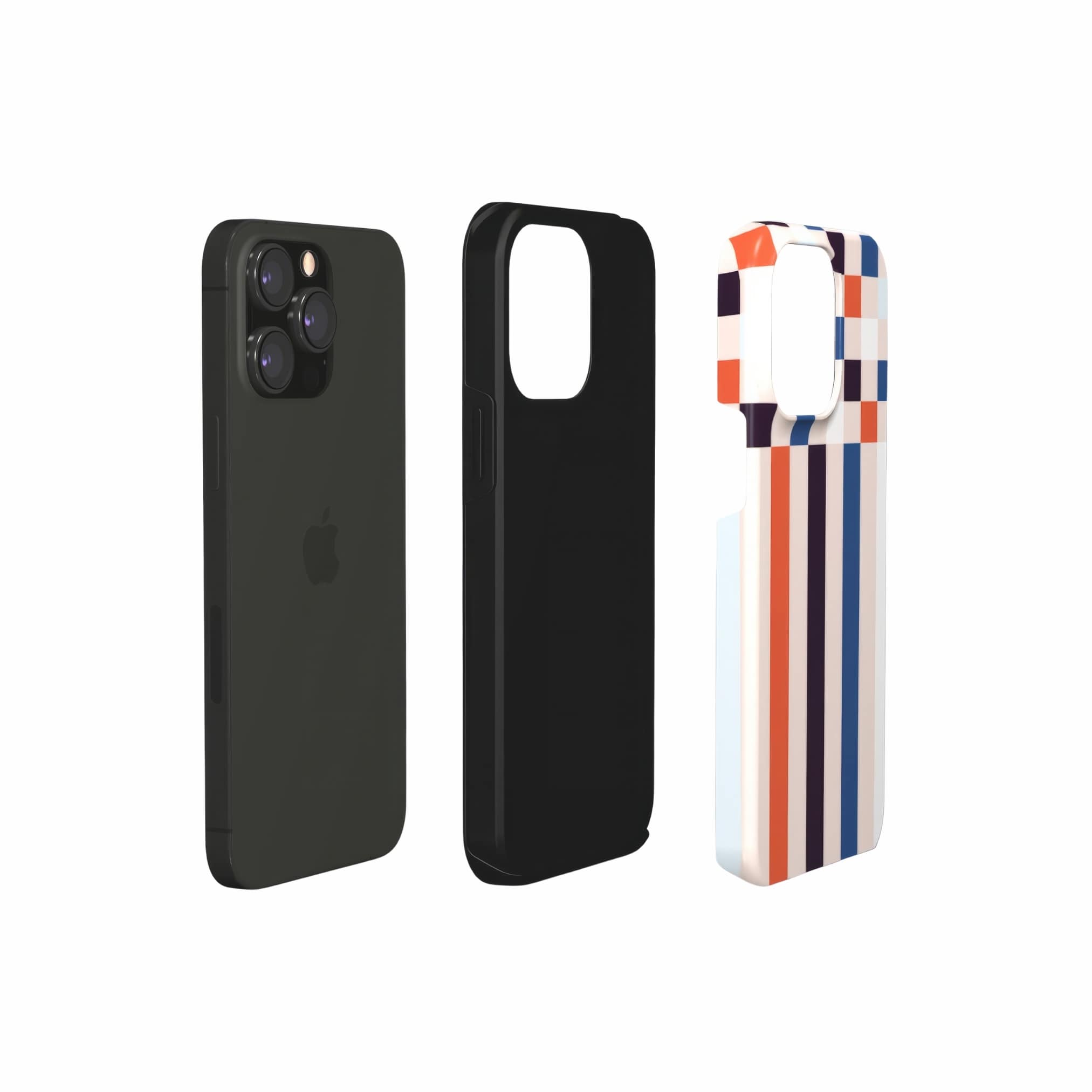 Tough phone case Pixel Grid Blue pattern design with a bold color blocks in pixel and stripes modern style, featuring an elegant and expressive aesthetic design. Main colors are pink, navy, orange red and light sky blue. Extend view.