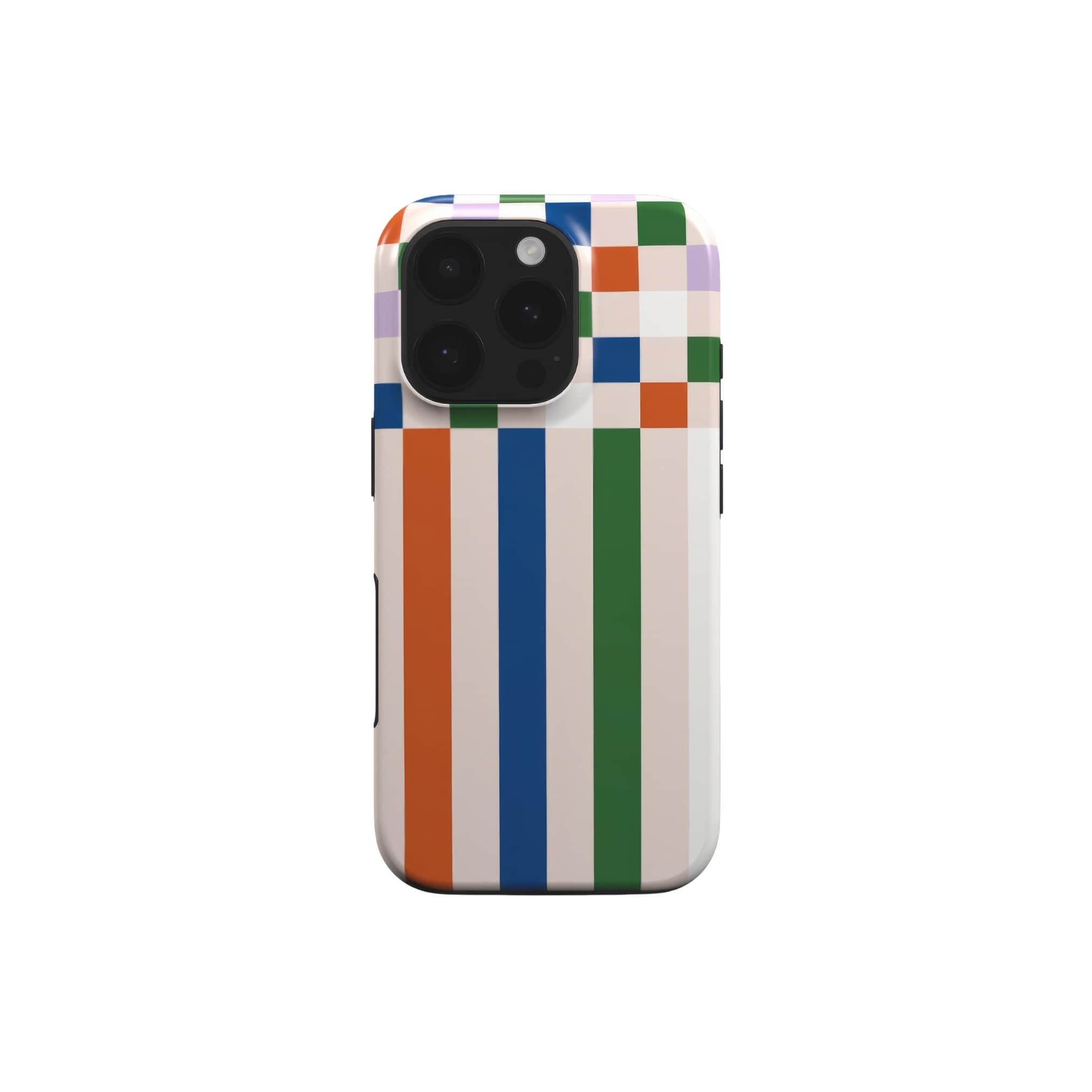 Tough phone case Pixel Grid Multi pattern design with a bold color blocks in pixel and stripes modern style, featuring an elegant and expressive aesthetic design. Main colors are rich orange, blue, lilac and green. Front view.
