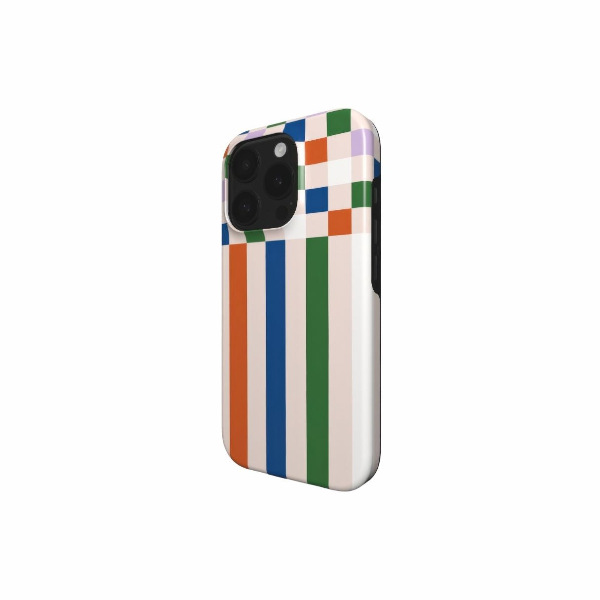 Tough phone case Pixel Grid Multi pattern design with a bold color blocks in pixel and stripes modern style, featuring an elegant and expressive aesthetic design. Main colors are rich orange, blue, lilac and green. Side view.