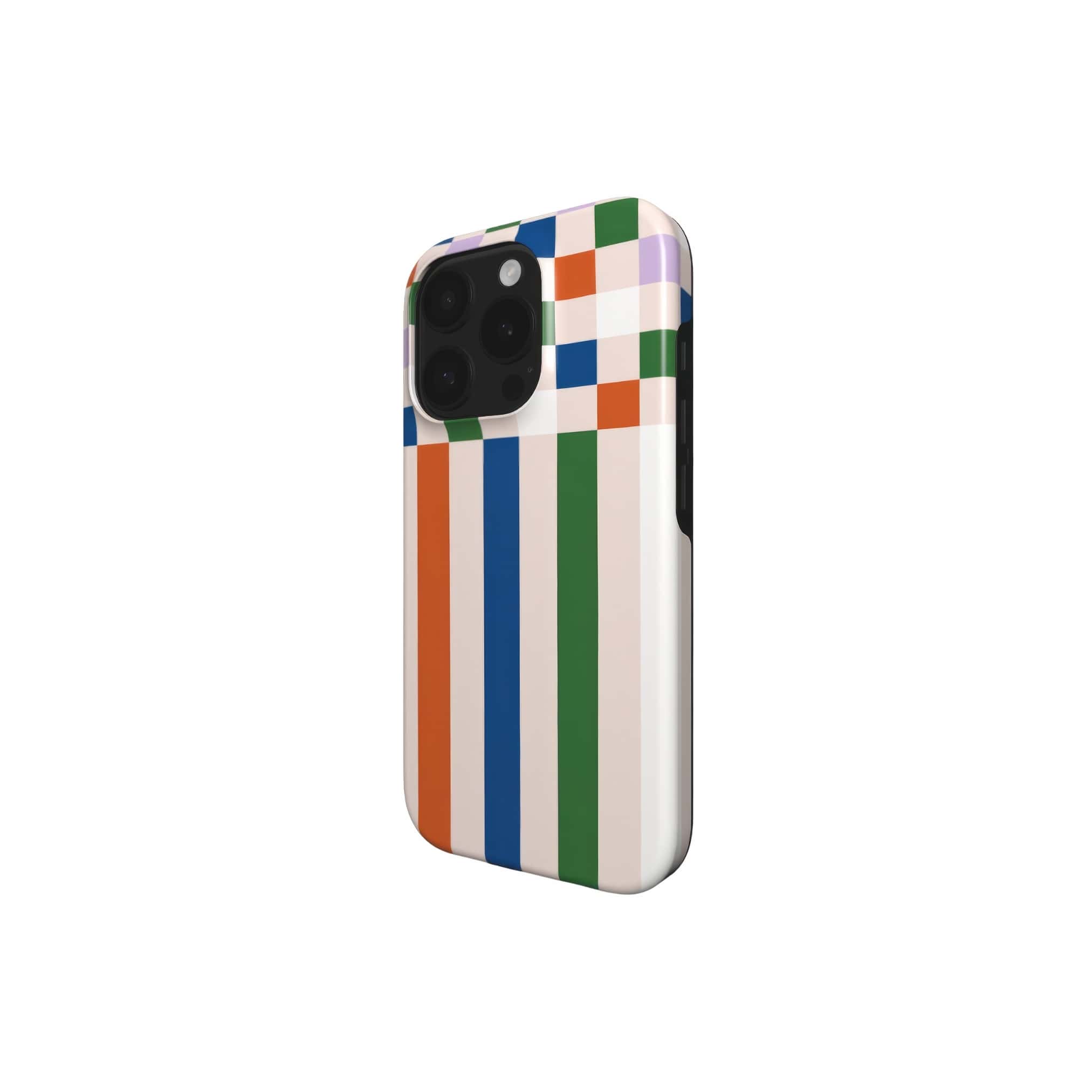 Tough phone case Pixel Grid Multi pattern design with a bold color blocks in pixel and stripes modern style, featuring an elegant and expressive aesthetic design. Main colors are rich orange, blue, lilac and green. Side view.