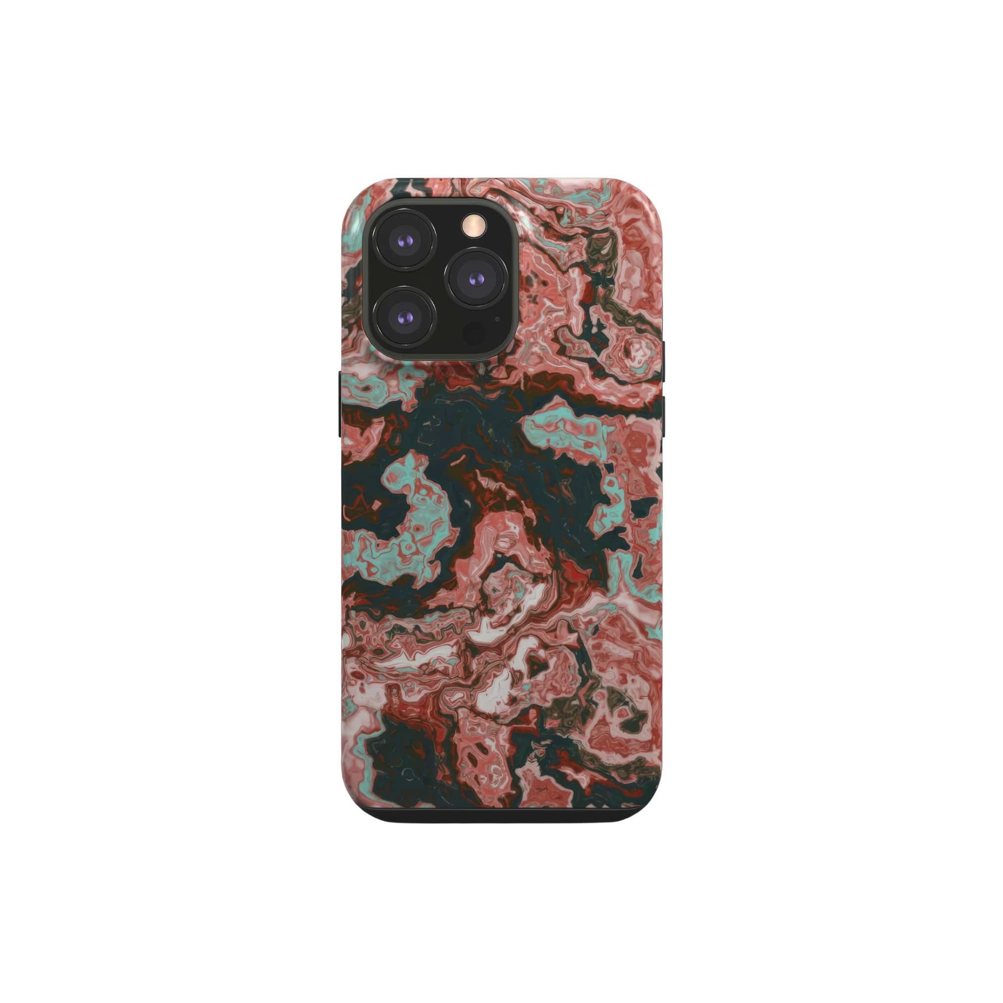 Tough phone case front view; Red Coffee pattern, artistic, abstract marble pattern. Red and light blue color combination. Bold expressive aesthetic design. Colorful and interior fit. Elegant.