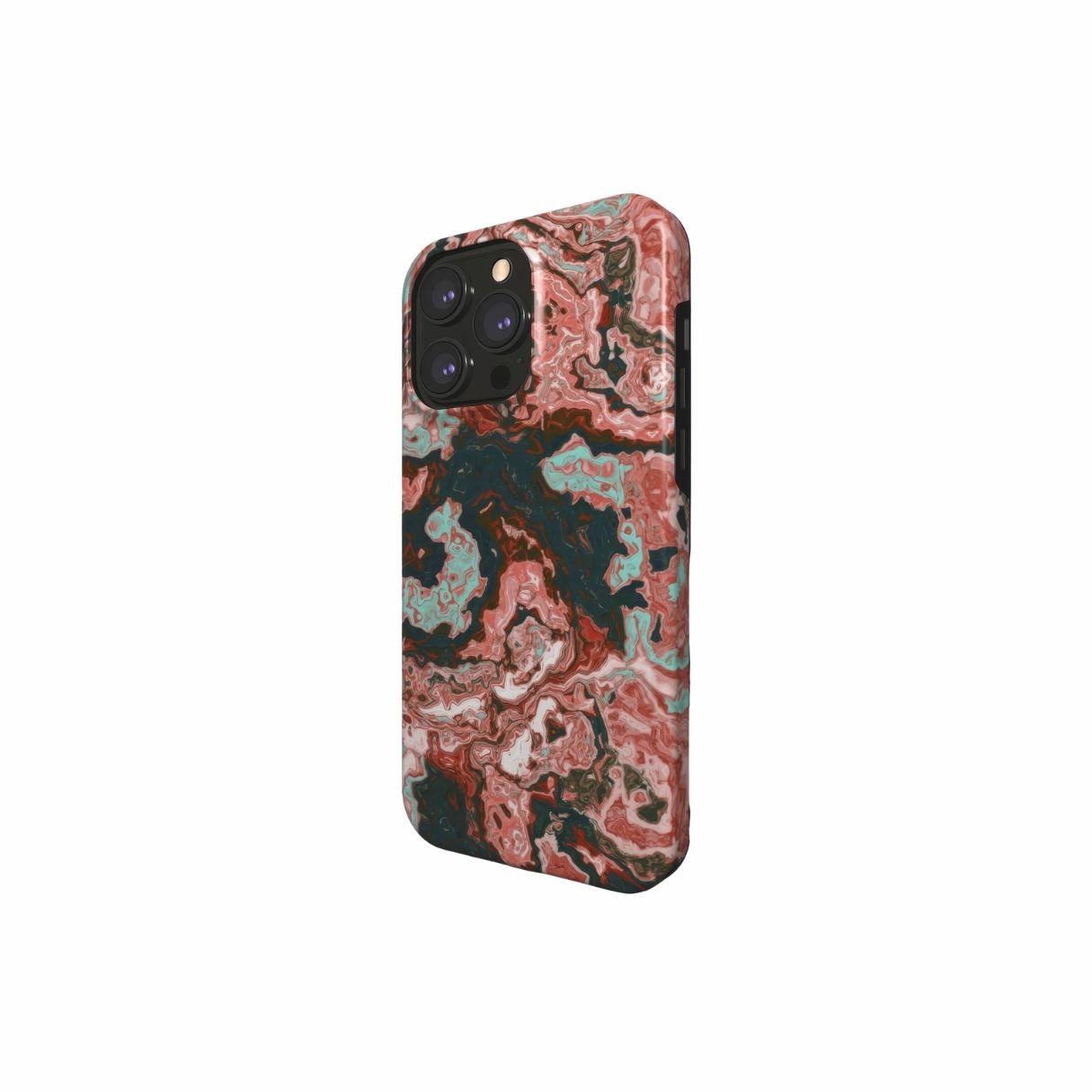 Tough phone case side view; Red Coffee pattern, artistic, abstract marble pattern. Red and light blue color combination.