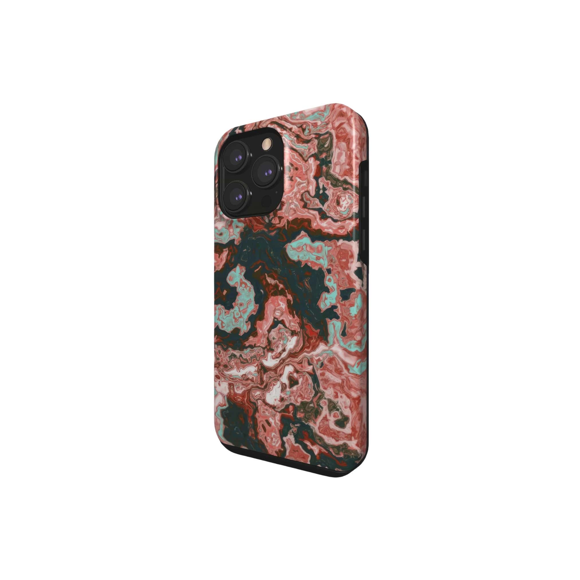 Tough phone case side view; Red Coffee pattern, artistic, abstract marble pattern. Red and light blue color combination.