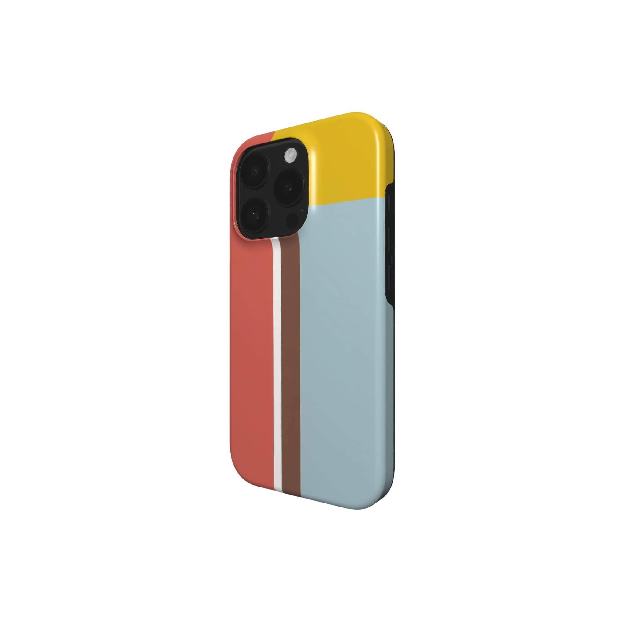 Tough phone case Retro Stripes Red pattern design with a bold color blocks in vintage, mid century modern style, featuring an elegant and expressive aesthetic design. Main colors are yellow, muted red and light blue. Side view.