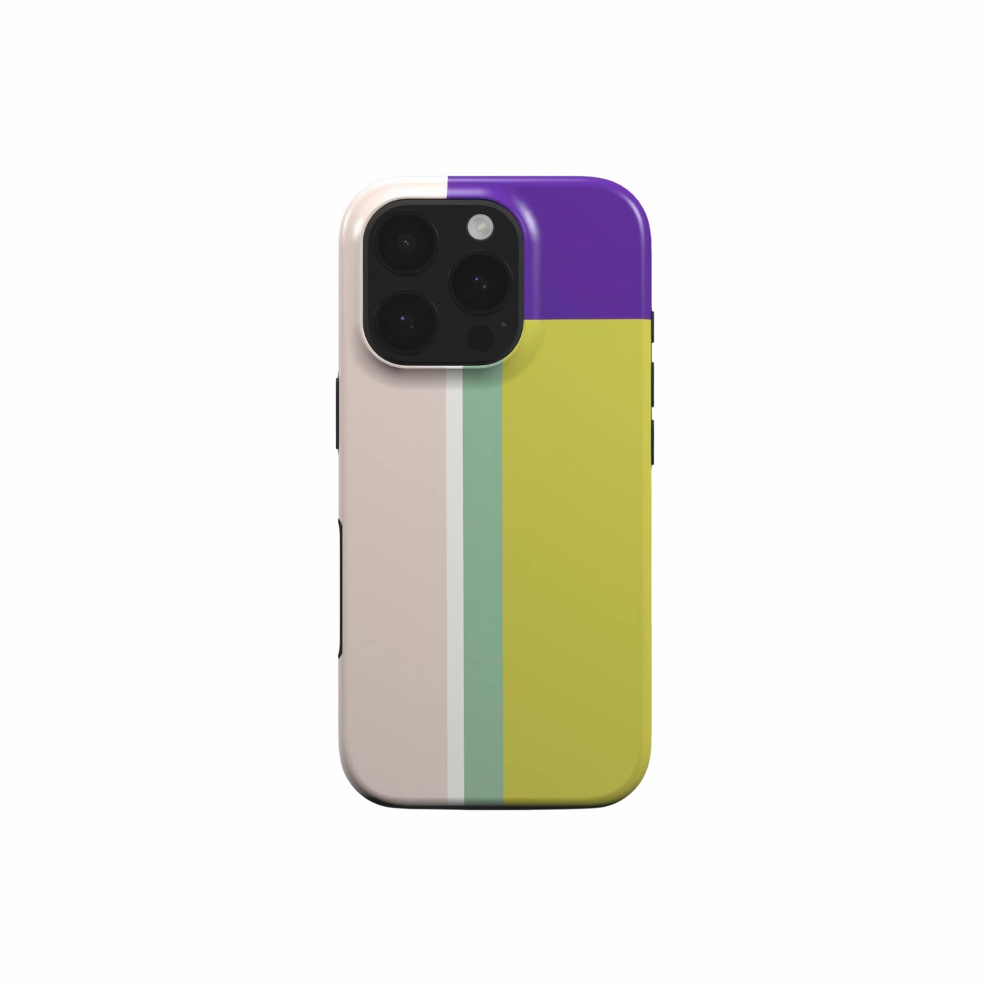 Tough phone case Retro Stripes Yellow pattern design with a bold color blocks in vintage, mid century modern style, featuring an elegant and expressive aesthetic design. Main colors are mustard yellow, purple and light pink. Front view.