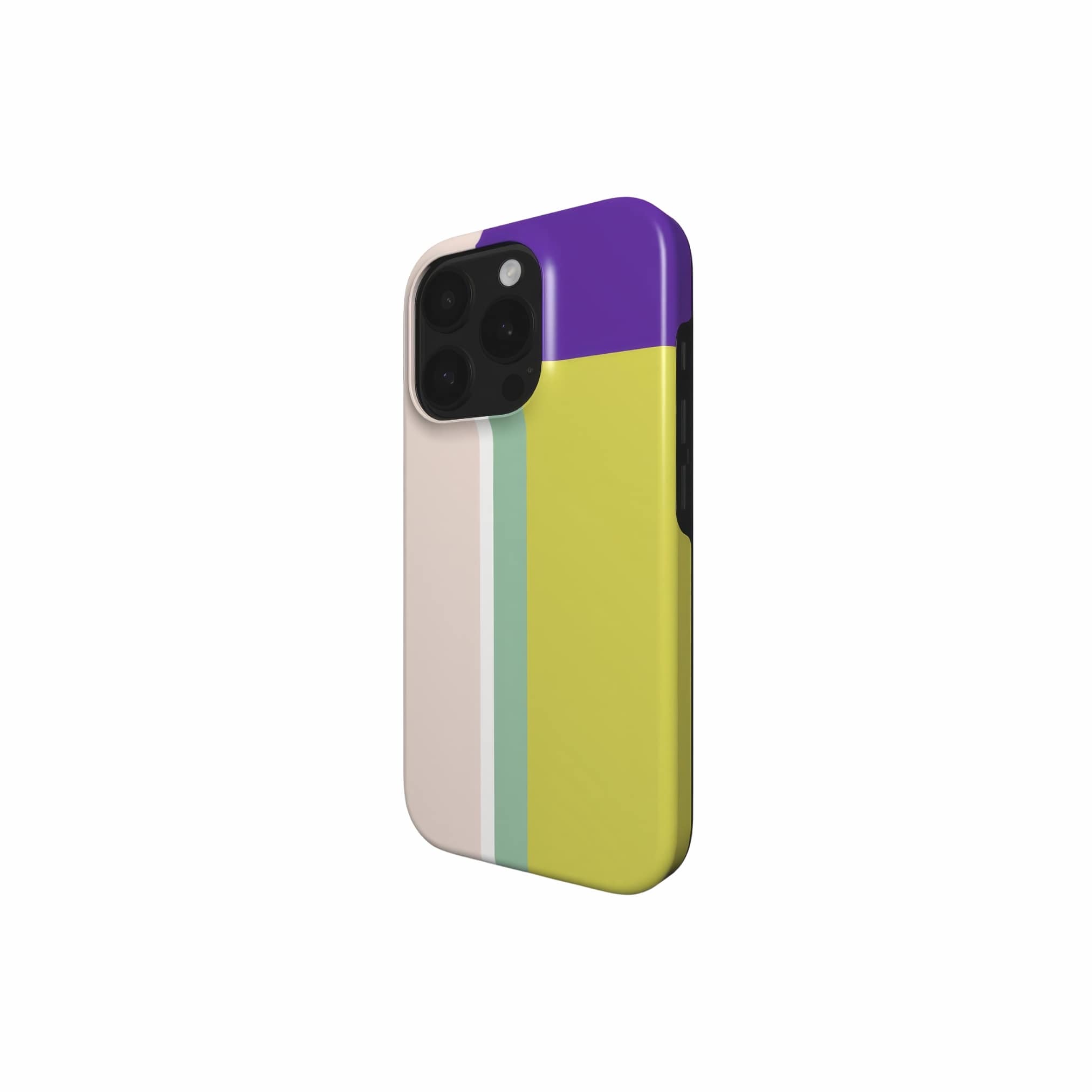 Tough phone case Retro Stripes Yellow pattern design with a bold color blocks in vintage, mid century modern style, featuring an elegant and expressive aesthetic design. Main colors are mustard yellow, purple and light pink. Side view.