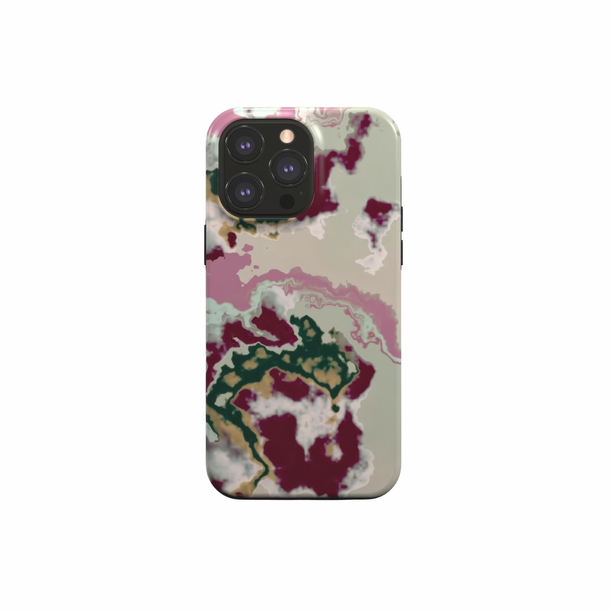 Tough phone case with Sandscape Dream Burgundy pattern in artistic, abstract shape. Beige, green and bordeaux color combination. Bold expressive aesthetic design. Colorful and interior fit. Elegant. Front view.