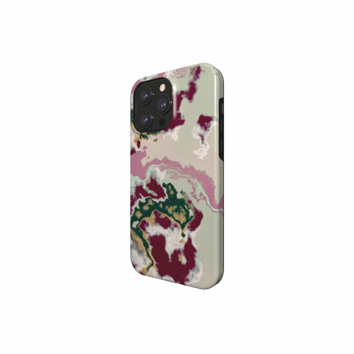 Tough phone case with Sandscape Dream Burgundy pattern in artistic, abstract shape. Beige, green and bordeaux color combination. Bold expressive aesthetic design. Colorful and interior fit. Elegant. Side view.