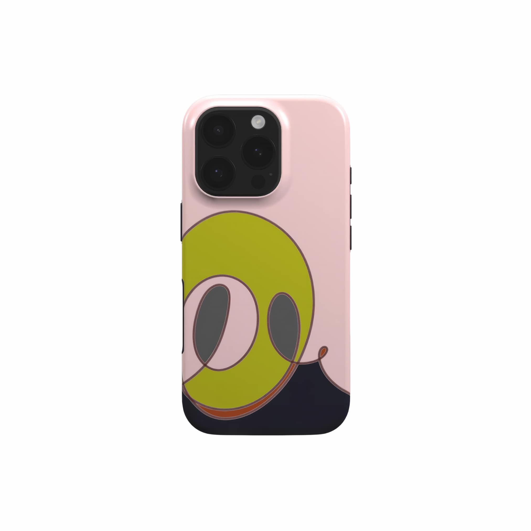 Tough phone case Smile pattern design with a playful, bold expression of joy captured in abstract form, featuring an elegant and expressive aesthetic design. Main colors are pink and mustard yellow. Front view.