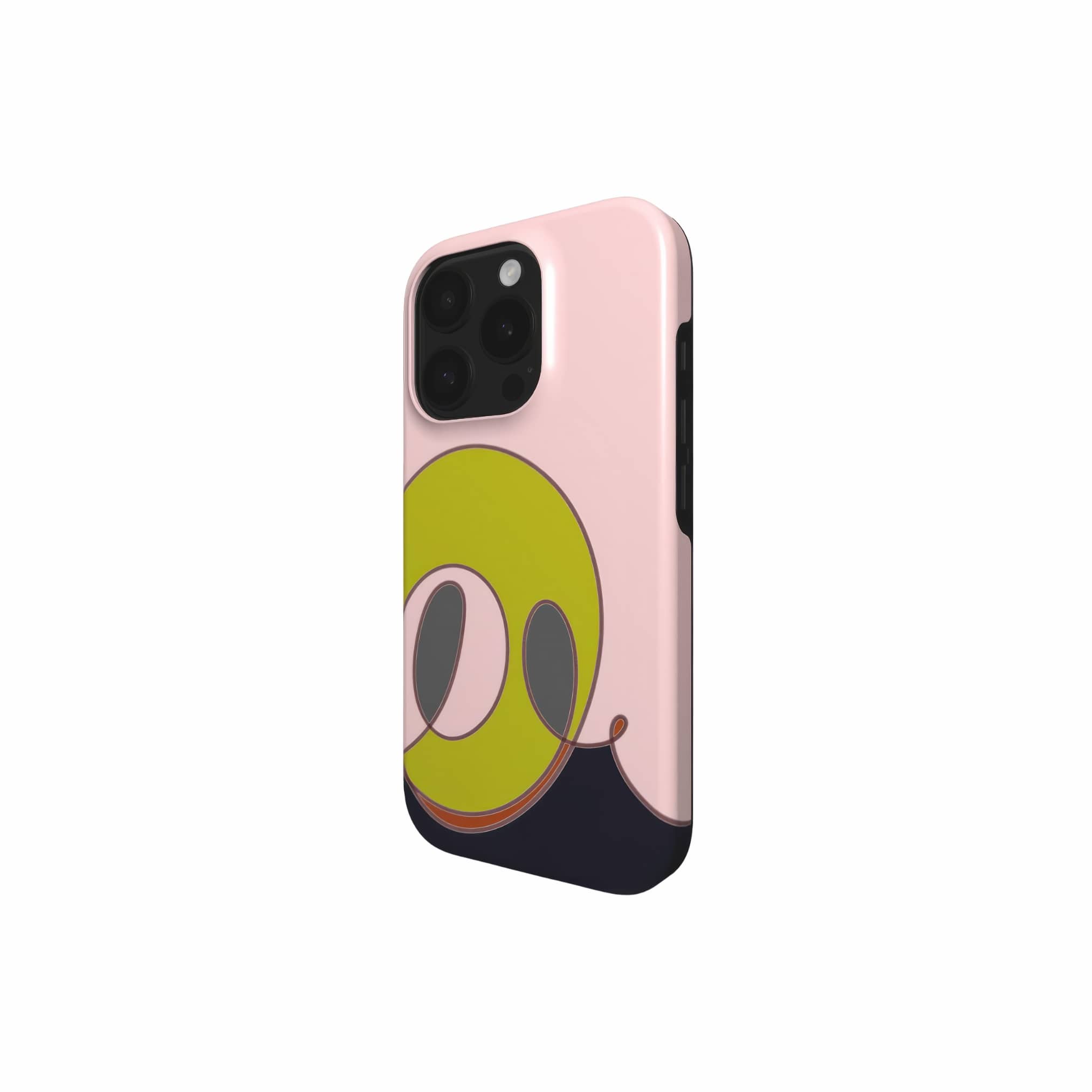 Tough phone case Smile pattern design with a playful, bold expression of joy captured in abstract form, featuring an elegant and expressive aesthetic design. Main colors are pink and mustard yellow. Side view.