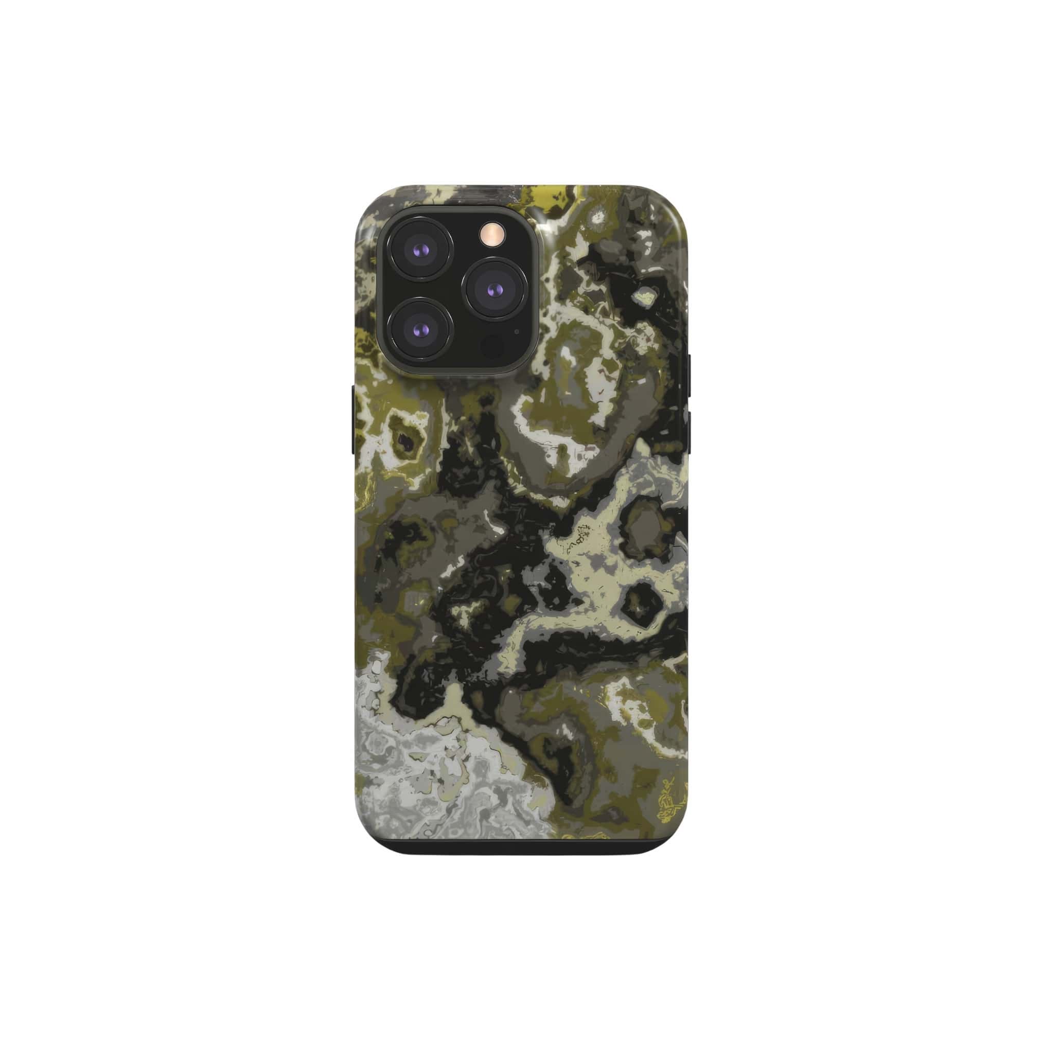 Tough phone case front view; Spring Rain 1 pattern, artistic, abstract marble pattern. Yellow, black and grey color combination. Bold expressive aesthetic design. Colorful and interior fit. Elegant.