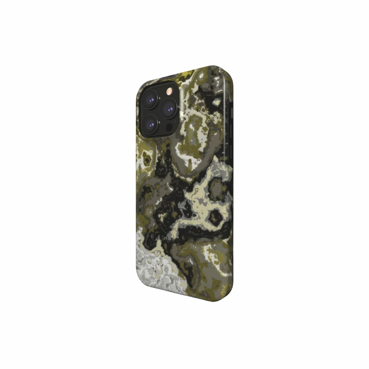 Tough phone case side view; Spring Rain pattern, artistic, abstract marble pattern. Yellow, black and grey color combination.