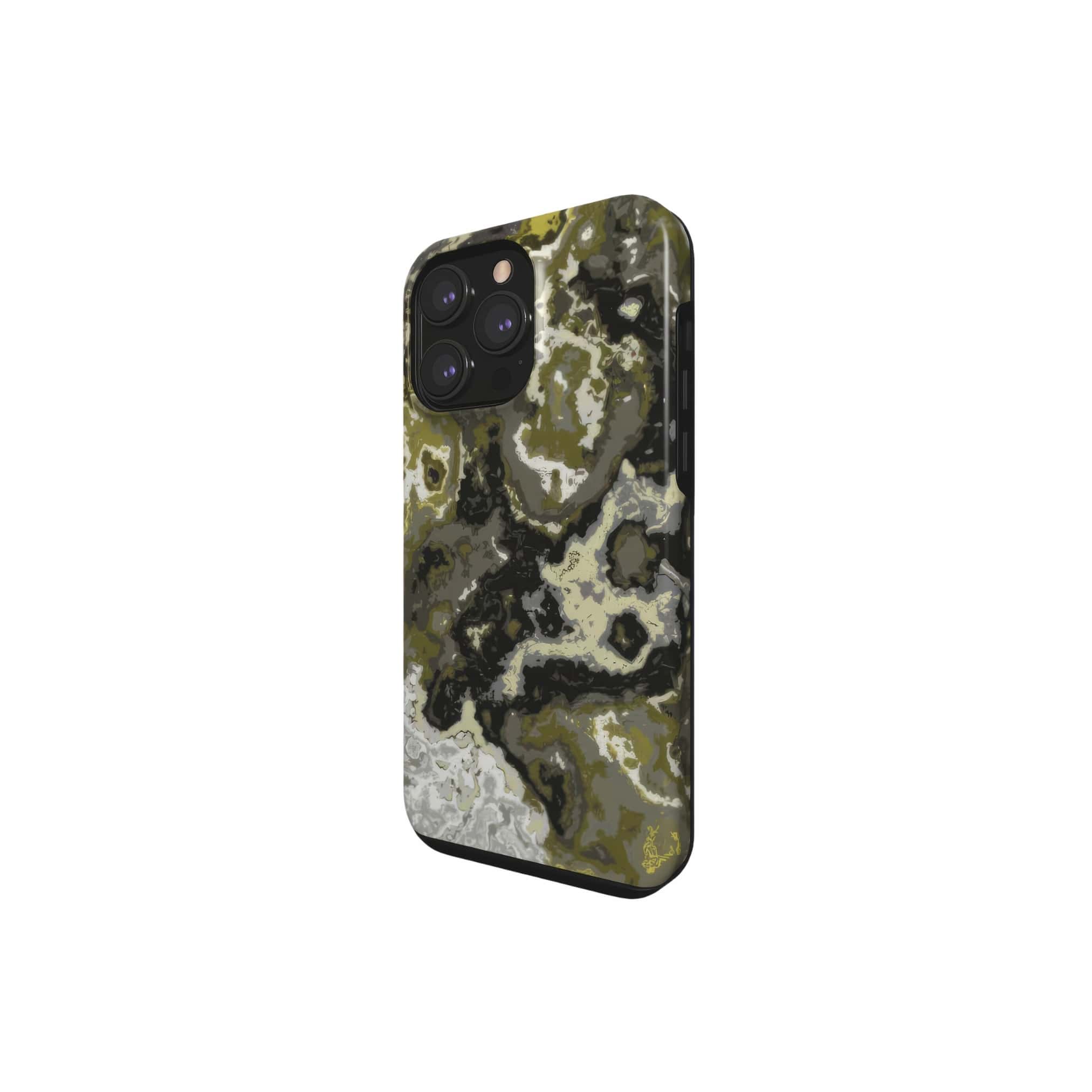 Tough phone case side view; Spring Rain pattern, artistic, abstract marble pattern. Yellow, black and grey color combination.