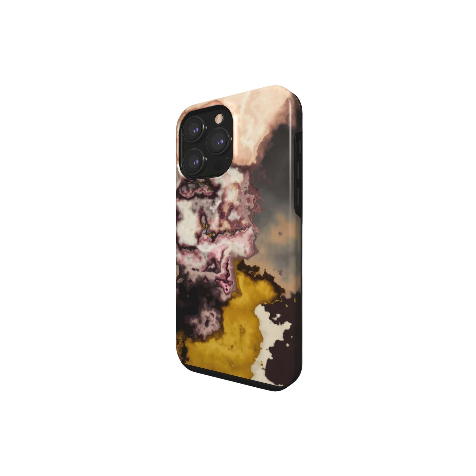 Tough phone case side view; storm 1 pattern, artistic, abstract marble pattern. Yellow and beige color combination. 