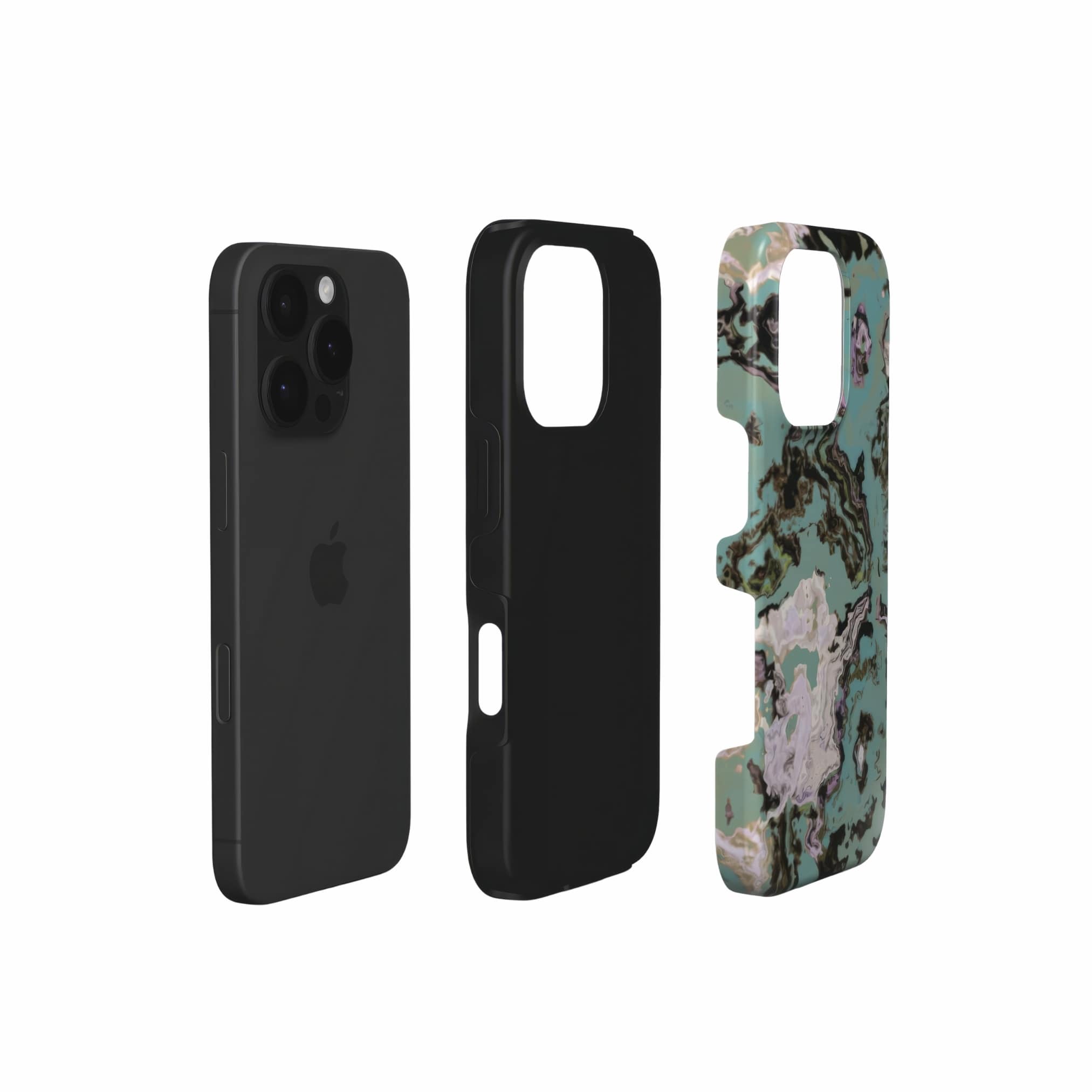 Tough phone case with a bold vivid pattern in marble abstract and artistic style, featuring an elegant and expressive aesthetic design. Main colors are teal blue and light lilac. Extend view.