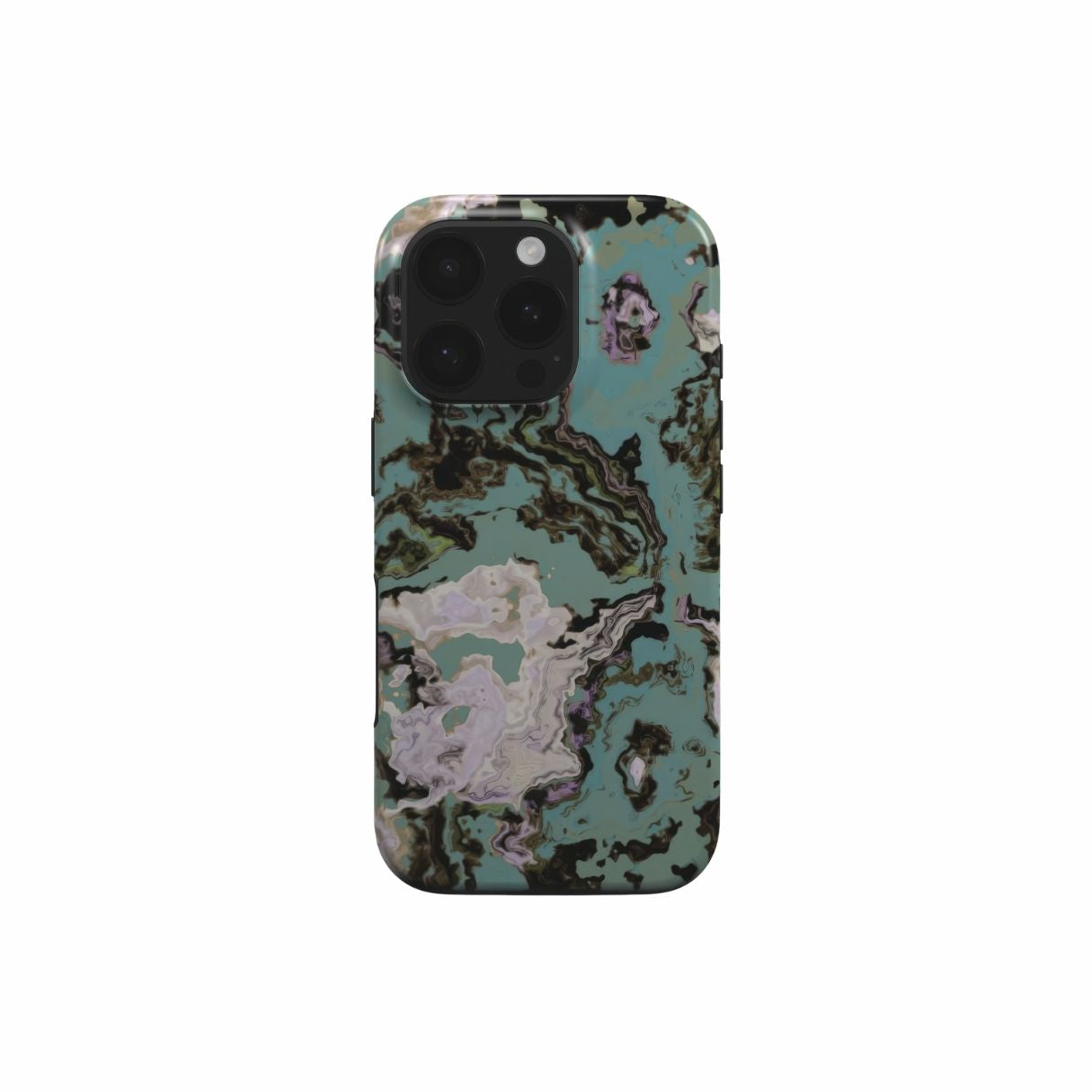 Tough phone case with a bold vivid pattern in marble abstract and artistic style, featuring an elegant and expressive aesthetic design. Main colors are teal blue and light lilac. Front view.