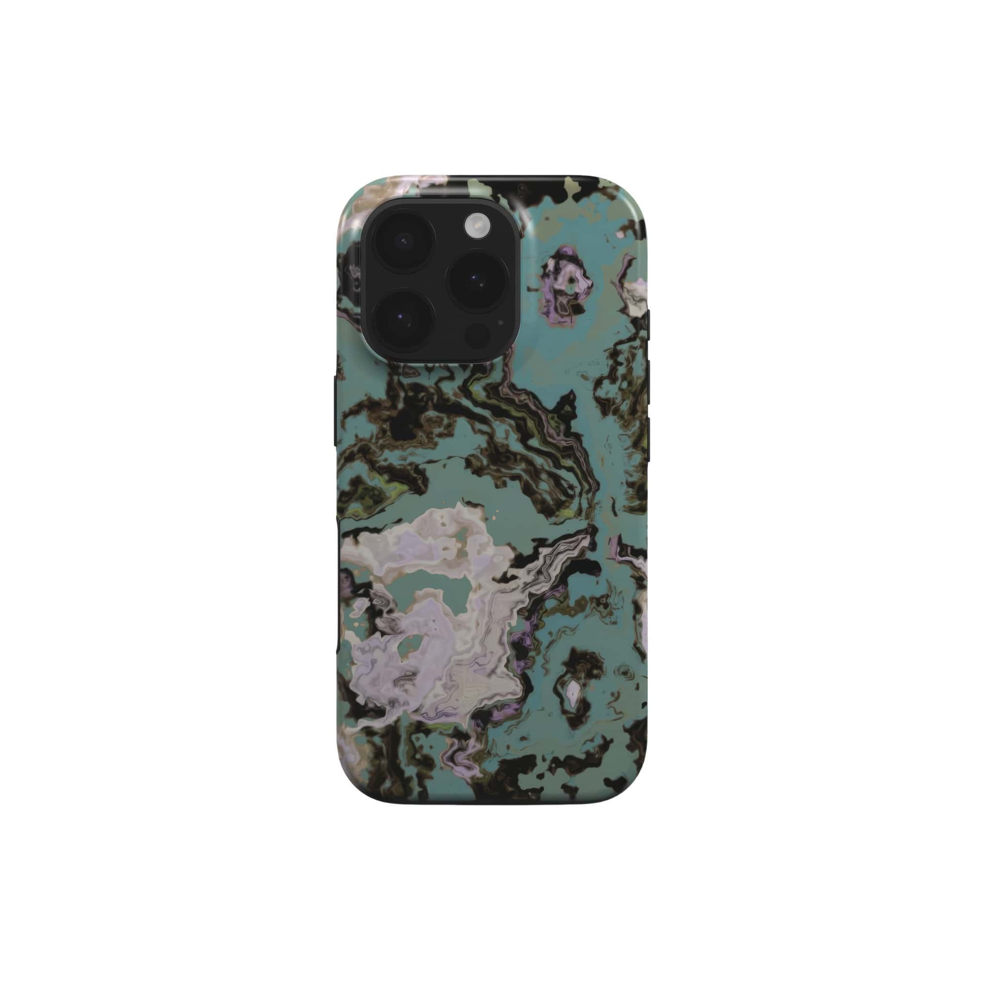 Tough phone case with a bold vivid pattern in marble abstract and artistic style, featuring an elegant and expressive aesthetic design. Main colors are teal blue and light lilac. Front view.