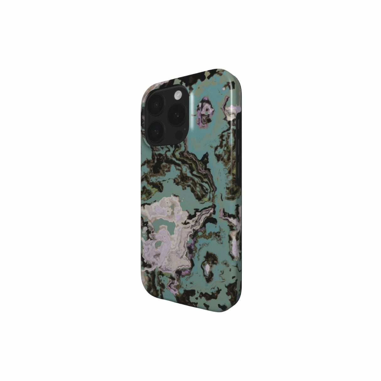 Tough phone case with a bold vivid pattern in marble abstract and artistic style, featuring an elegant and expressive aesthetic design. Main colors are teal blue and light lilac. Side view.