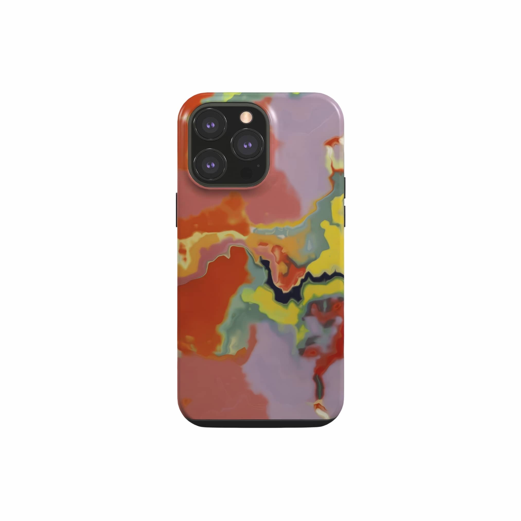 Tough phone case front view; Tropical 1 pattern, artistic, abstract marble pattern. Orange and green color combination. Bold expressive aesthetic design. Colorful and interior fit. Elegant.