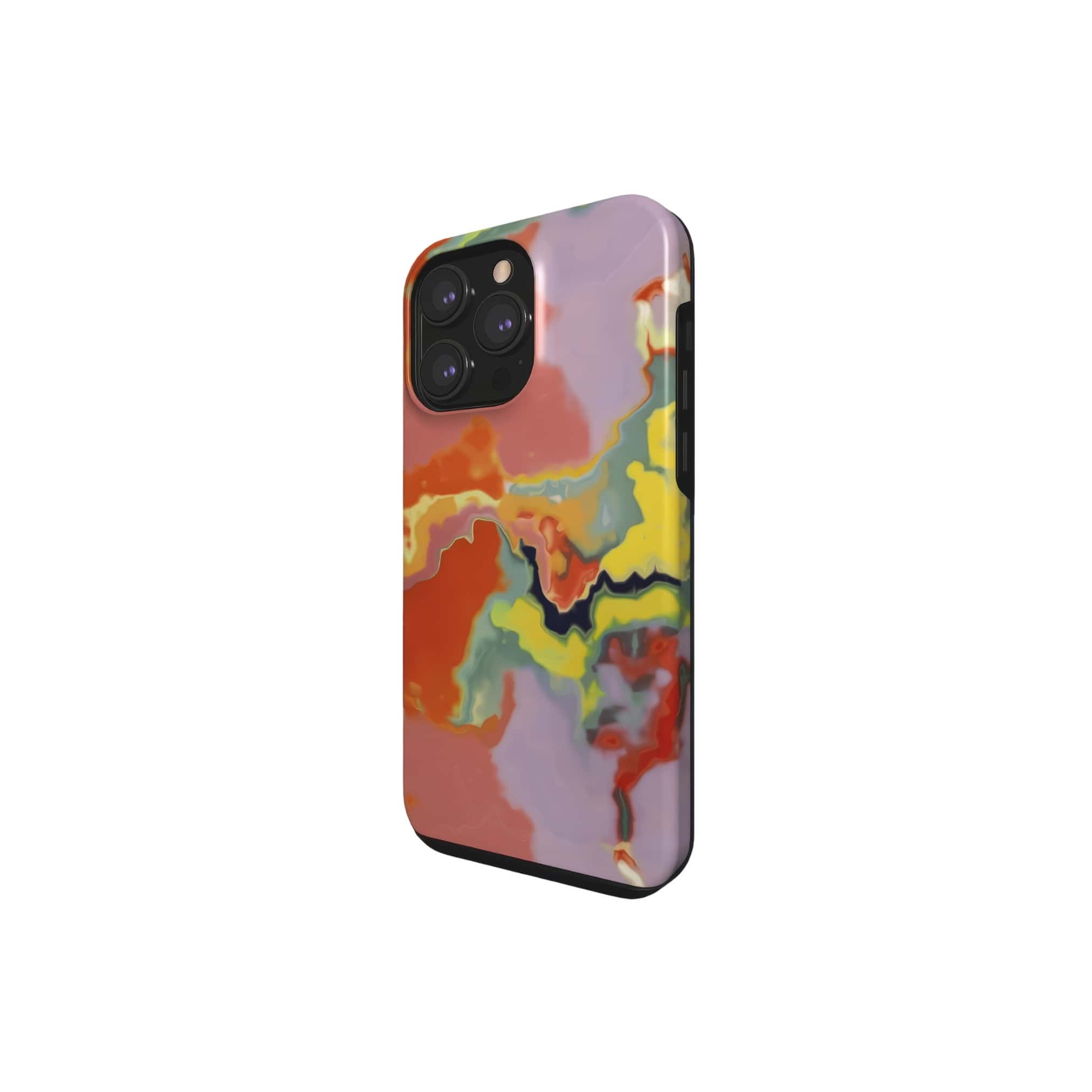 Tough phone case side view; Tropical 1 pattern, artistic, abstract marble pattern. Orange and green color combination.
