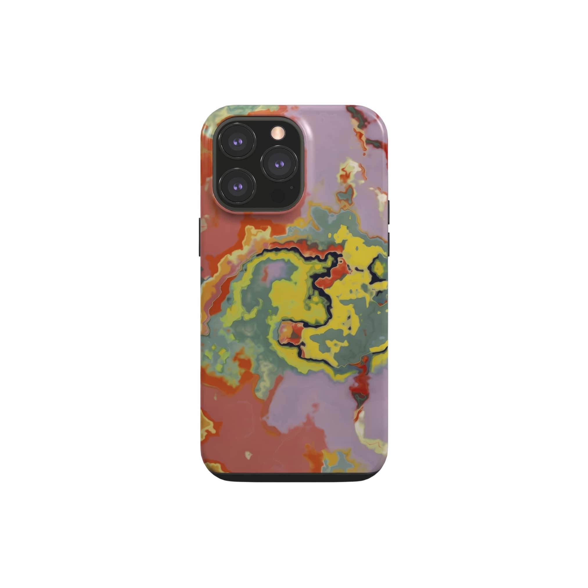 Tough phone case front view; Tropical 2 pattern, artistic, abstract marble pattern. Orange and green color combination. Bold expressive aesthetic design. Colorful and interior fit. Elegant.
