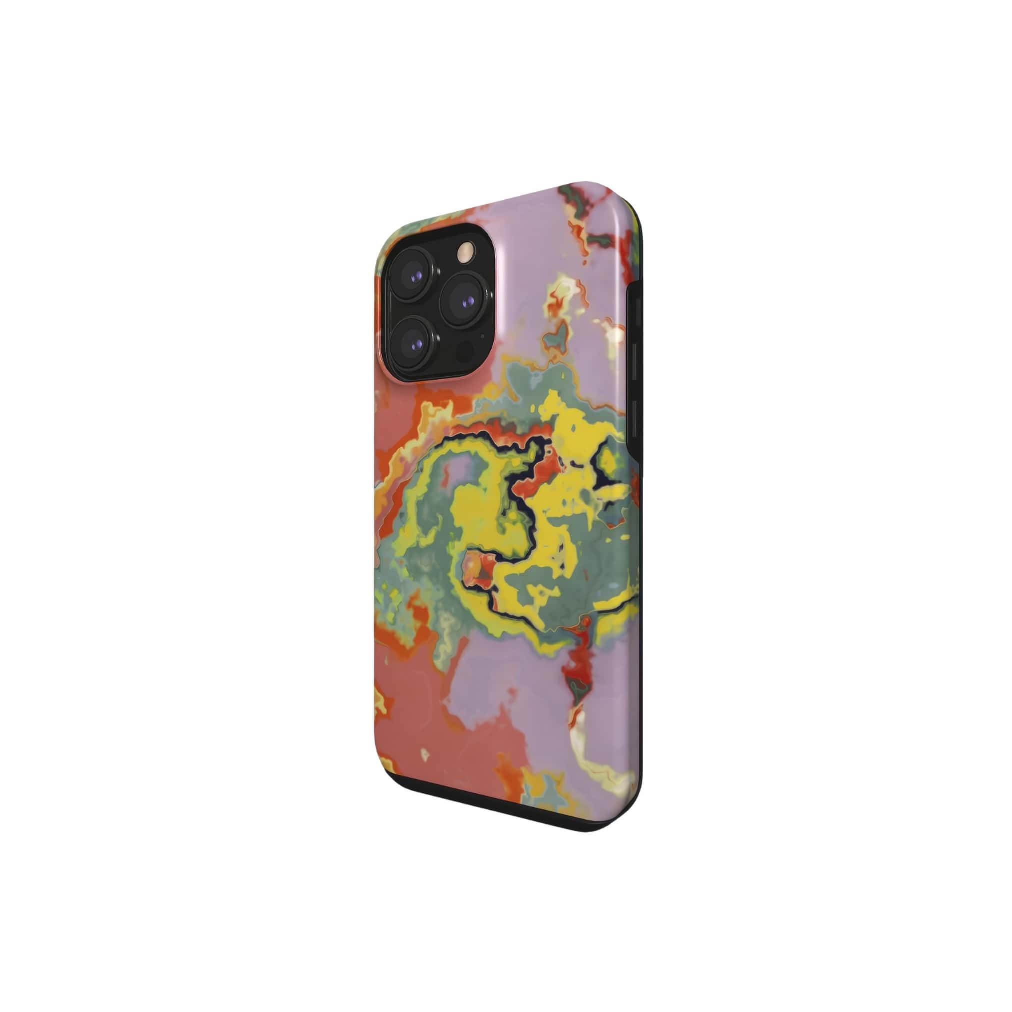 Tough phone case side view; Tropical 2 pattern, artistic, abstract marble pattern. Orange and green color combination. 