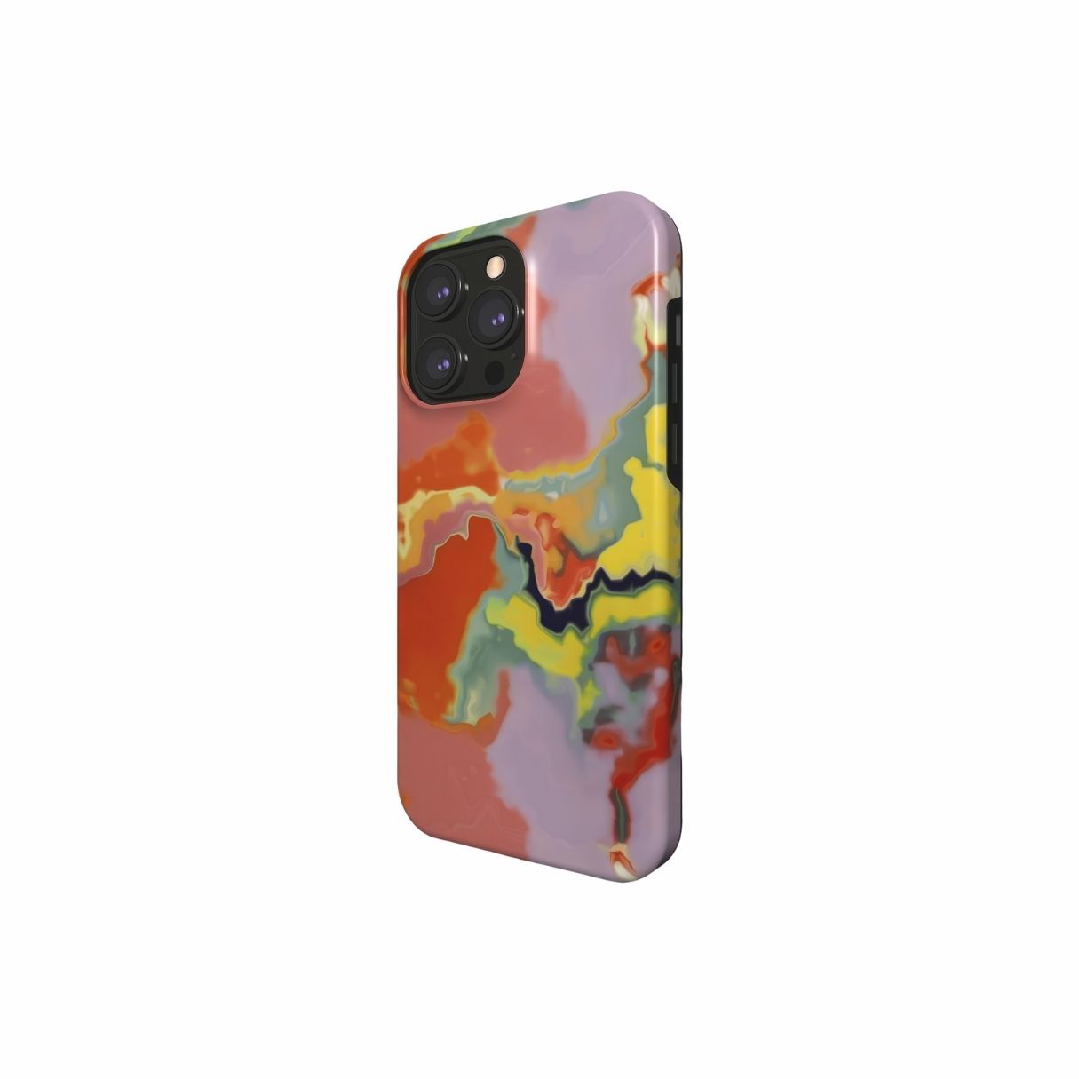 Tough phone case side view; Tropical pattern, artistic, abstract marble pattern. Orange and green color combination.