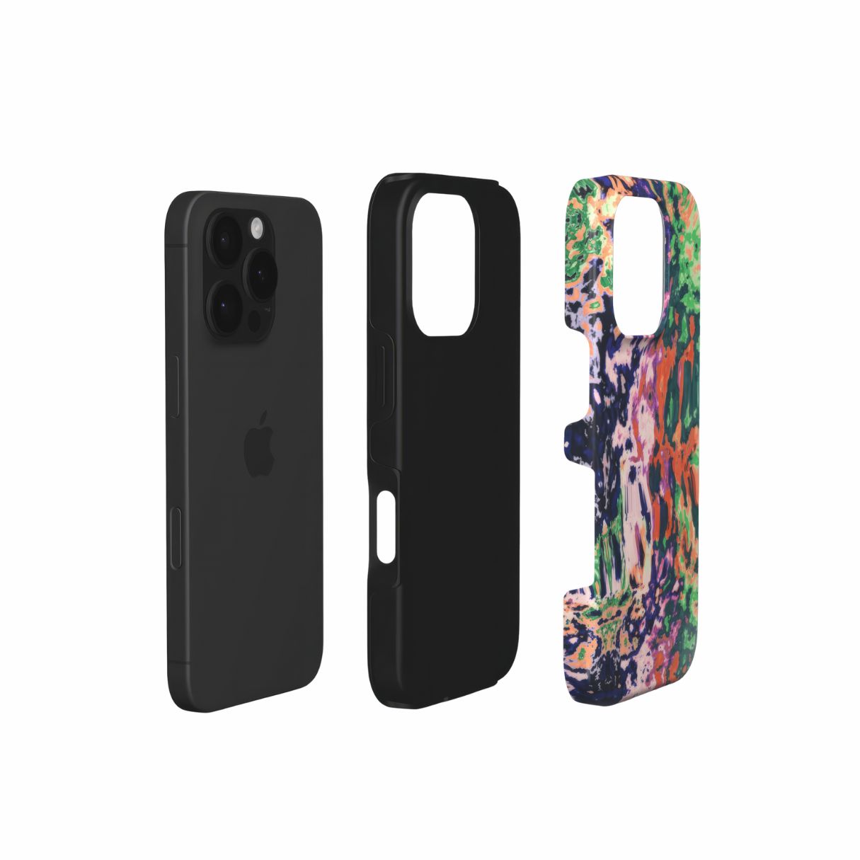 Tough phone case with a bold vivid pattern Vincet in marble abstract and artistic style, featuring an elegant and expressive aesthetic design. Main colors are purple, orange and green. Extend view.