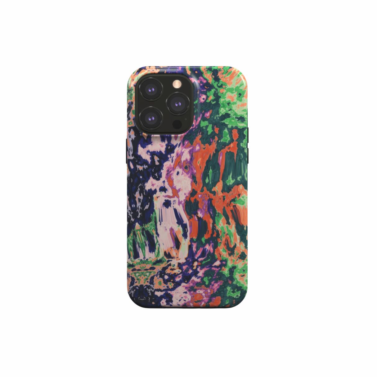Tough phone case with a bold vivid pattern Vincet in marble abstract and artistic style, featuring an elegant and expressive aesthetic design. Main colors are purple, orange and green. Front view.