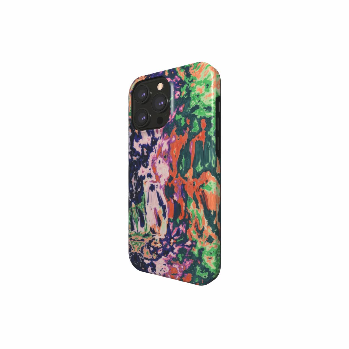 Tough phone case with a bold vivid pattern Vincet in marble abstract and artistic style, featuring an elegant and expressive aesthetic design. Main colors are purple, orange and green. Side view.