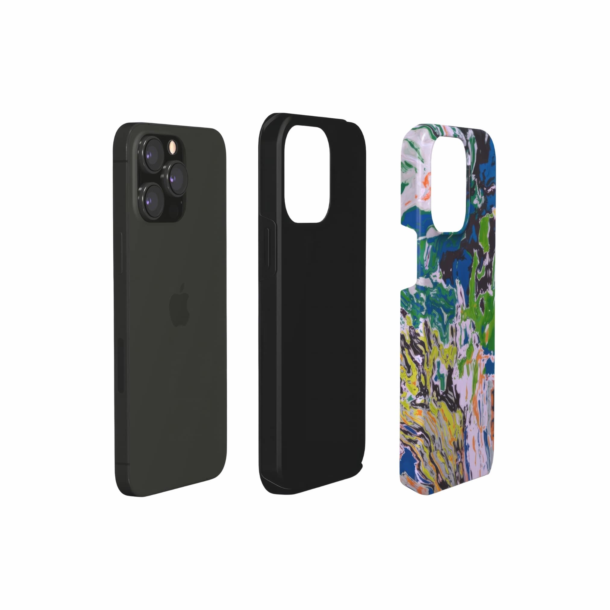 Tough phone case with a bold vivid pattern in marble abstract and artistic style, featuring an elegant and expressive aesthetic design. Main colors are blue, green and yellow with slight orange. Extend view.