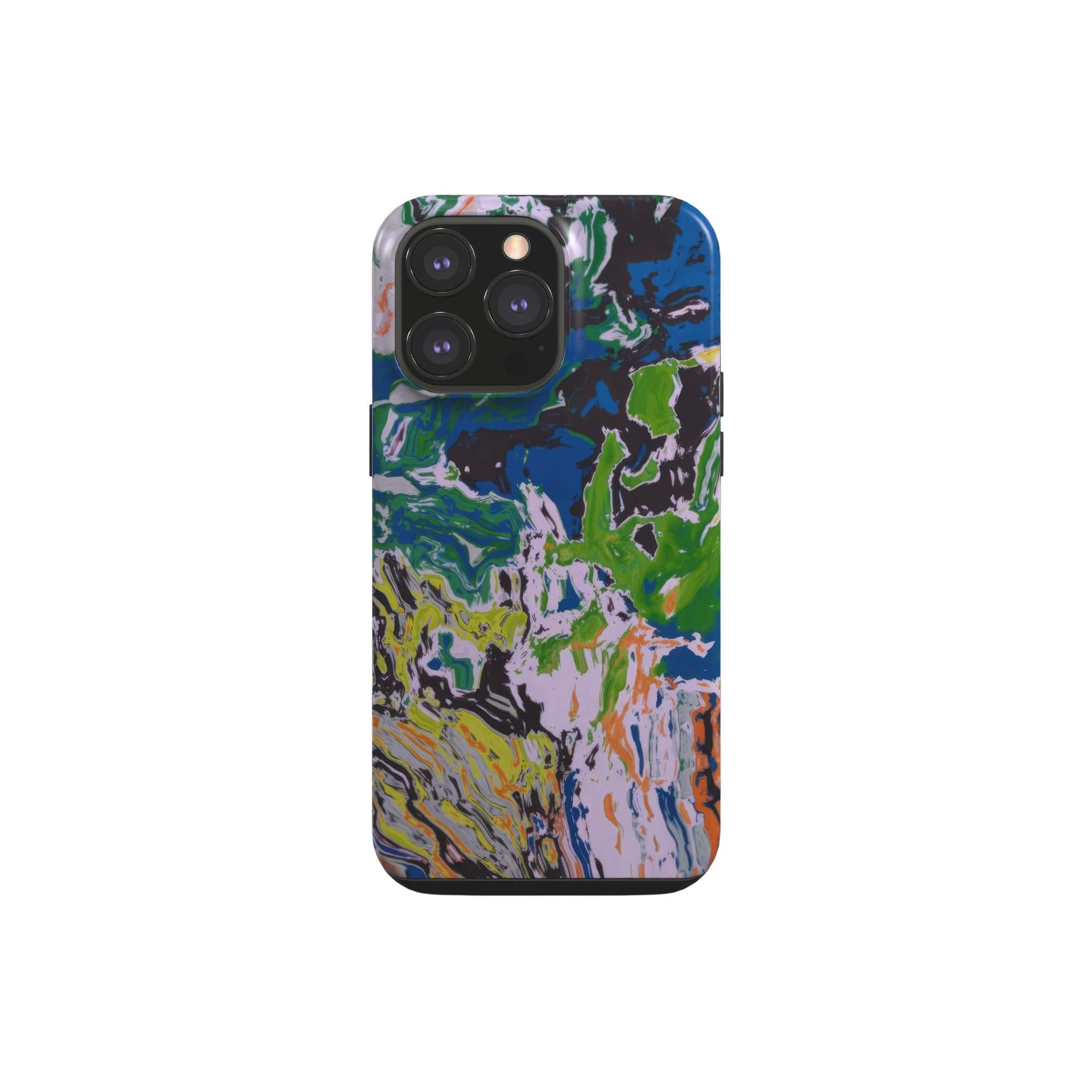 Tough phone case with a bold vivid pattern in marble abstract and artistic style, featuring an elegant and expressive aesthetic design. Main colors are blue, green and yellow with slight orange. Front view.