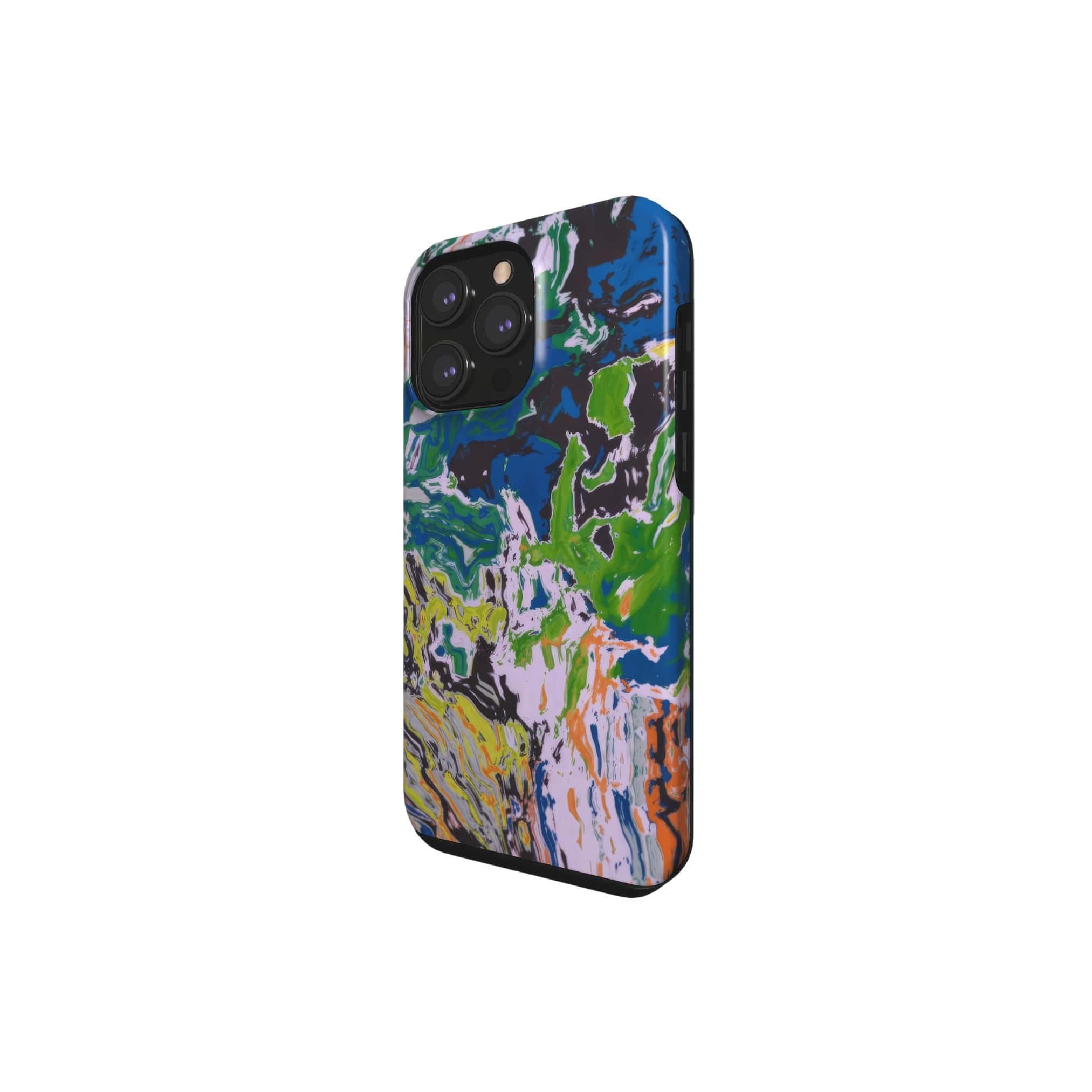 Tough phone case with a bold vivid pattern in marble abstract and artistic style, featuring an elegant and expressive aesthetic design. Main colors are blue, green and yellow with slight orange. Side view.