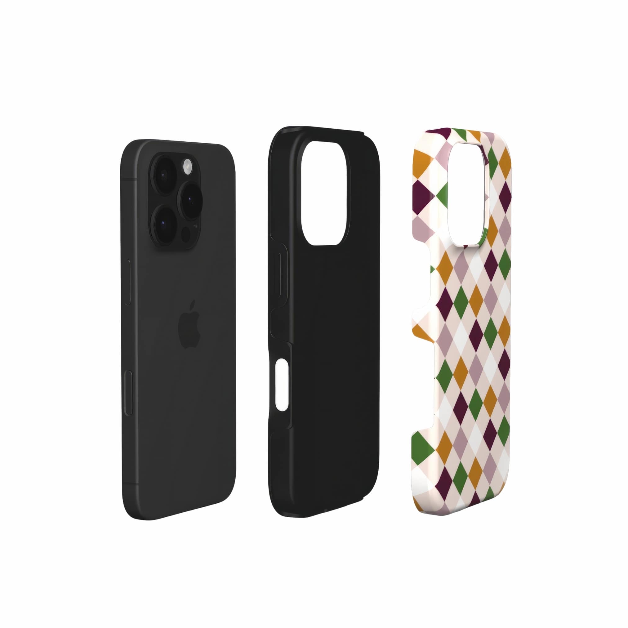 Tough phone case Wonder Chess pattern design with a dynamic geometric symmetry in chess style, featuring an elegant and expressive aesthetic design. Main colors are sugar brown, green, deep cherry and pink. Extend view.
