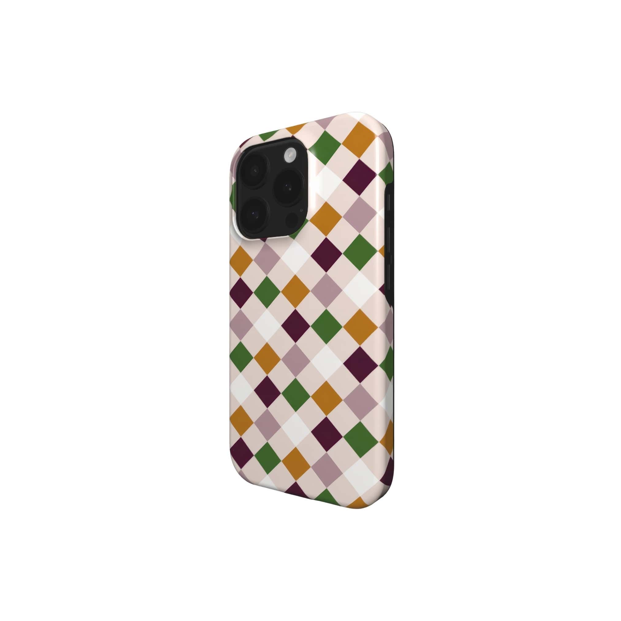 Tough phone case Wonder Chess pattern design with a dynamic geometric symmetry in chess style, featuring an elegant and expressive aesthetic design. Main colors are sugar brown, green, deep cherry and pink. Side view.