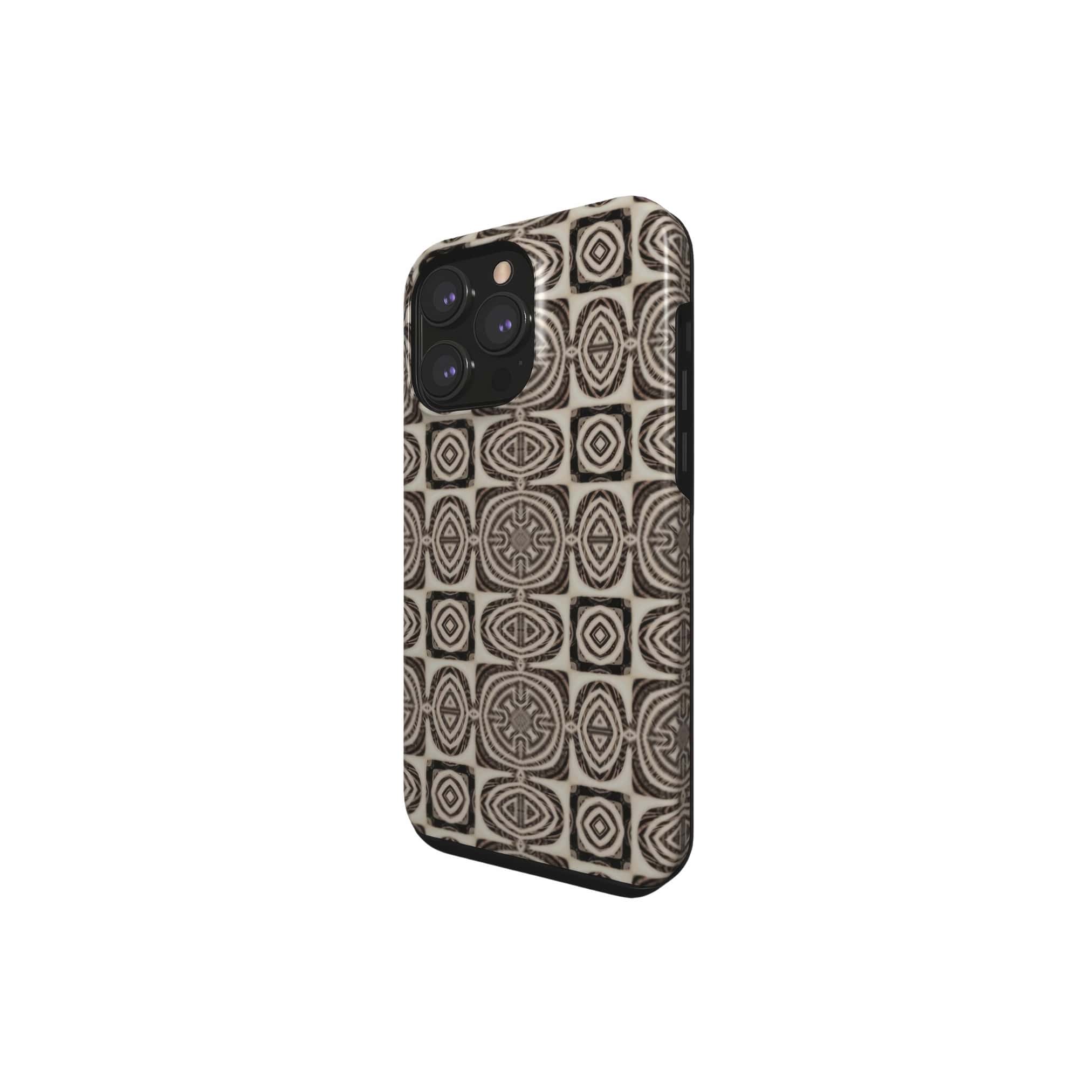 Tough Phone case side view; wooden snake 1 pattern, ornamental pattern; kaleidoscope pattern imagination. Brown color.