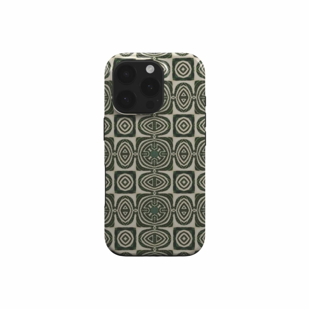 Tough case front view; Wooden Snake 2 pattern, ornamental pattern; kaleidoscope pattern imagination. Green color. Bold expressive aesthetic design. Colorful and interior fit. Elegant.