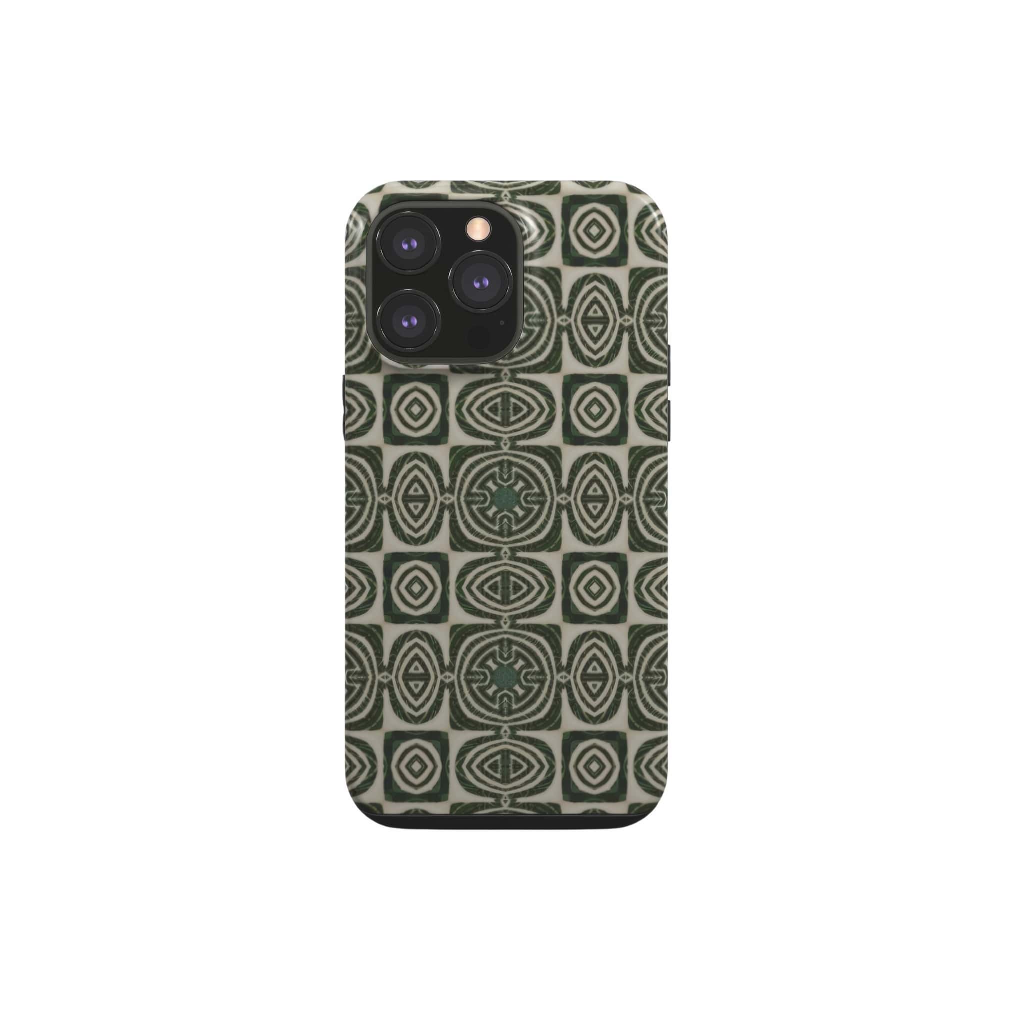 Tough case front view; wooden snake 2 pattern, ornamental pattern; kaleidoscope pattern imagination. Green color. Bold expressive aesthetic design. Colorful and interior fit. Elegant.