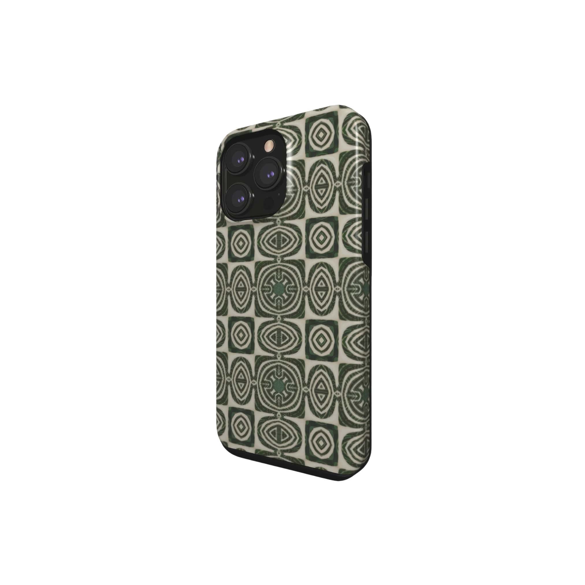 Tough case side view; wooden snake 2 pattern, ornamental pattern; kaleidoscope pattern imagination. Green color.
