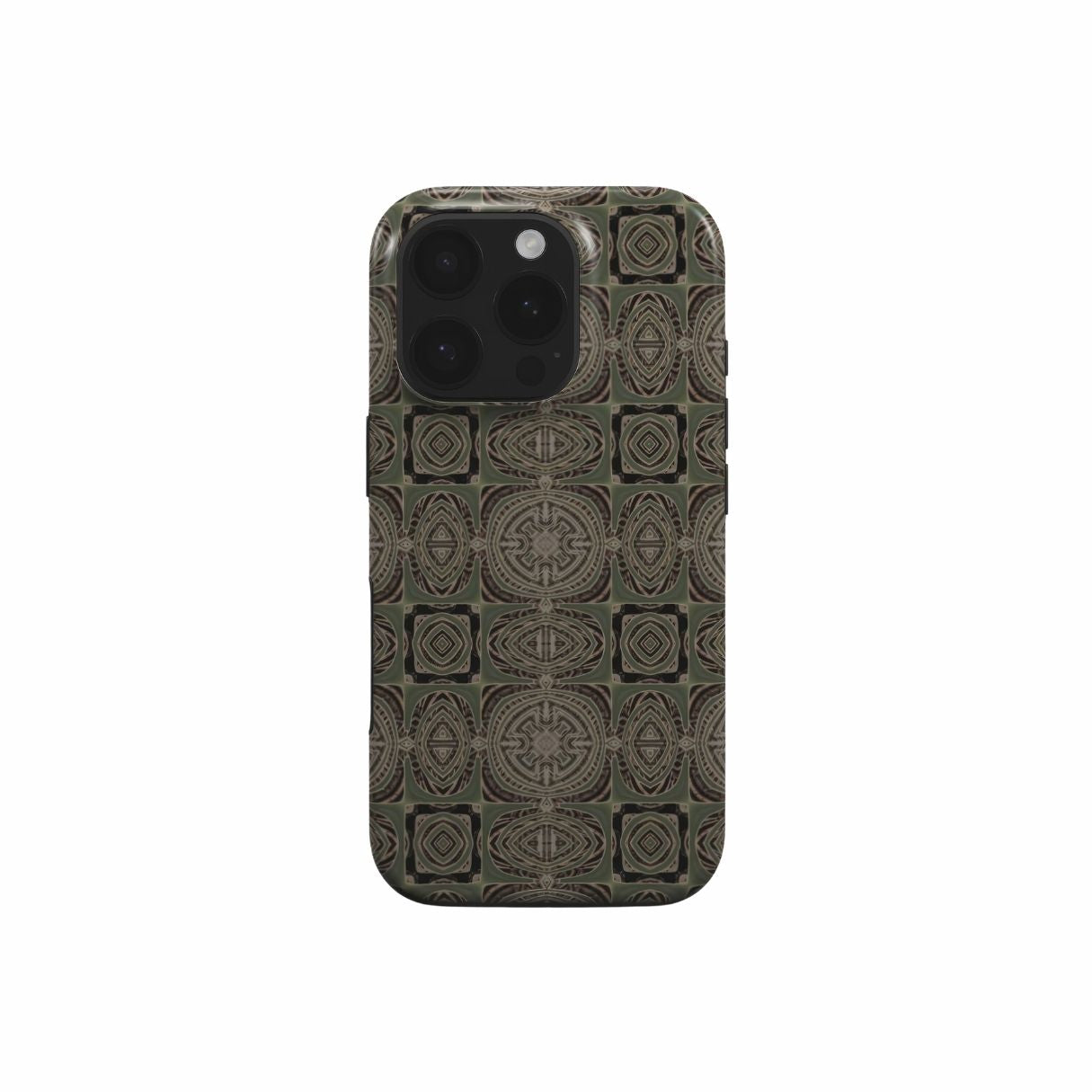 Tough phone case front view; Wooden Snake 3 pattern, ornamental pattern; kaleidoscope pattern imagination. Green color. Bold expressive aesthetic design. Colorful and interior fit. Elegant.