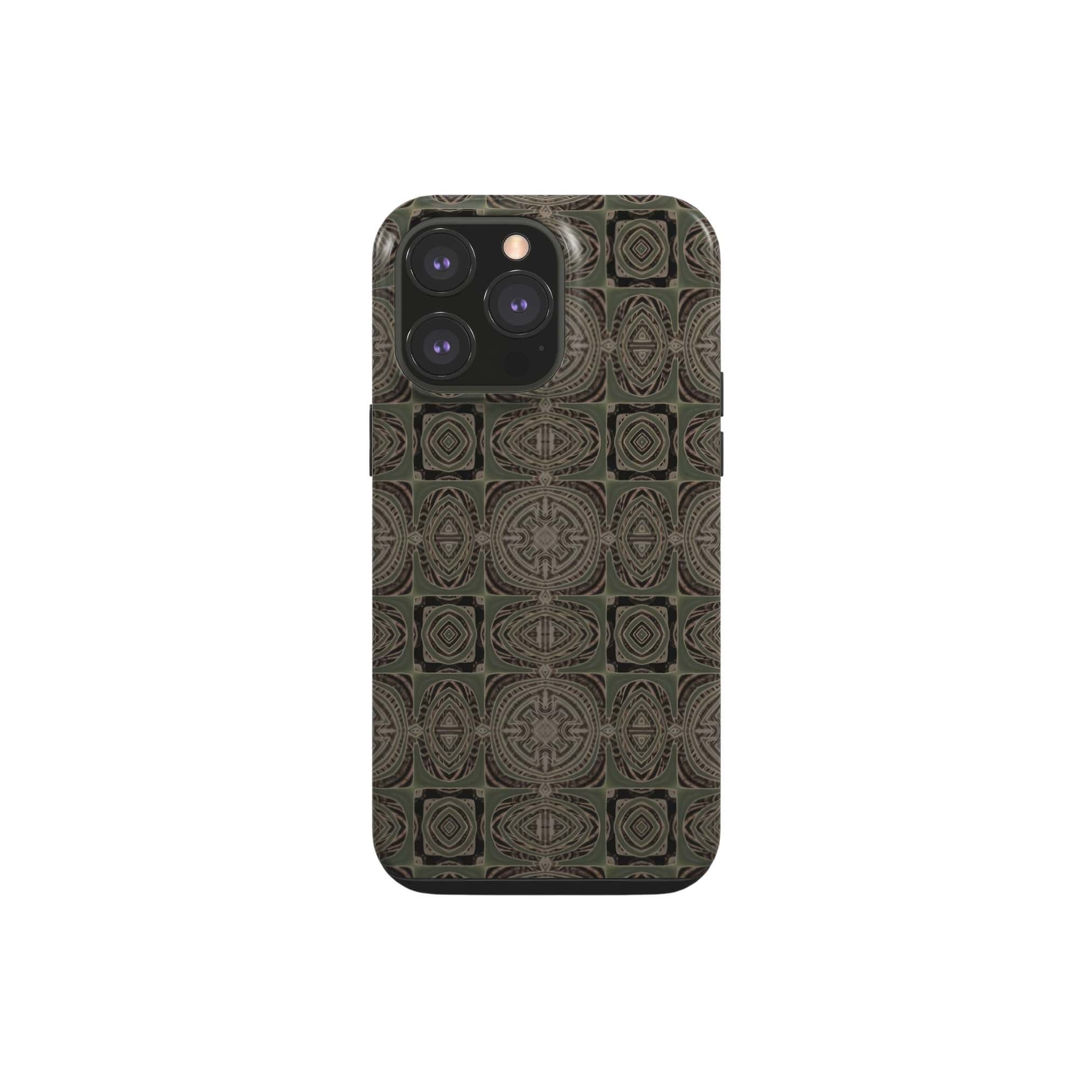 Tough phone case front view; wooden snake 3 pattern, ornamental pattern; kaleidoscope pattern imagination. Green color. Bold expressive aesthetic design. Colorful and interior fit. Elegant.