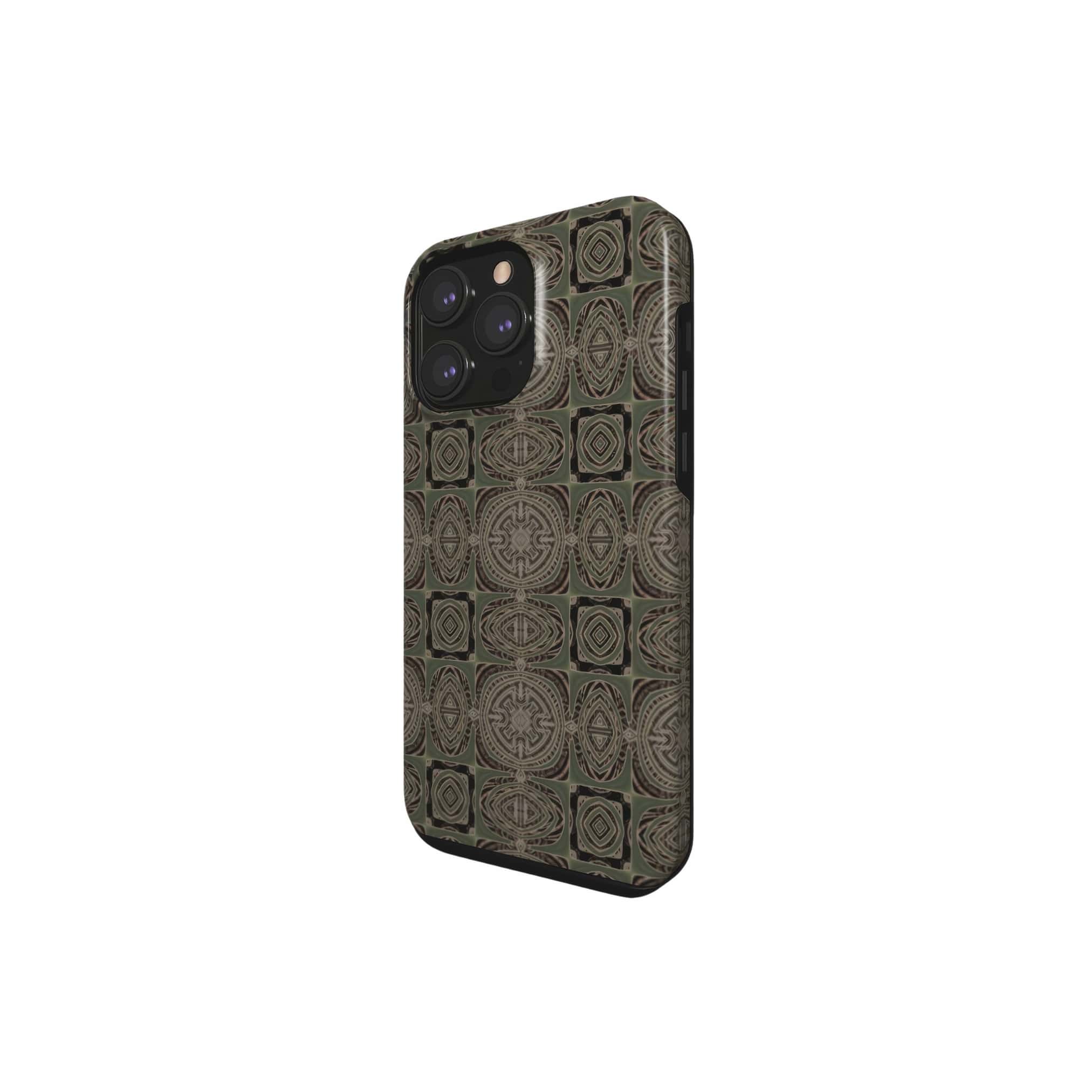 Tough phone case side view; wooden snake 3 pattern, ornamental pattern; kaleidoscope pattern imagination. Green color.