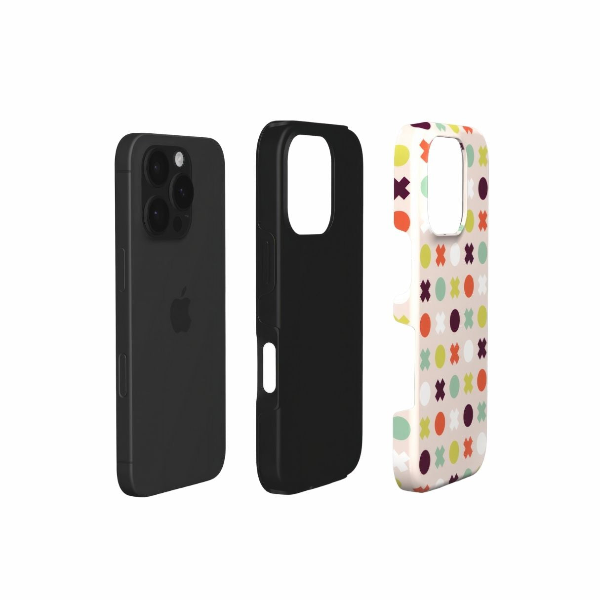Tough phone case XOXO pattern design with a circles and cross modern style, featuring an elegant and expressive aesthetic design. Main colors are orange red, purple, yellow and mint. Extend view.